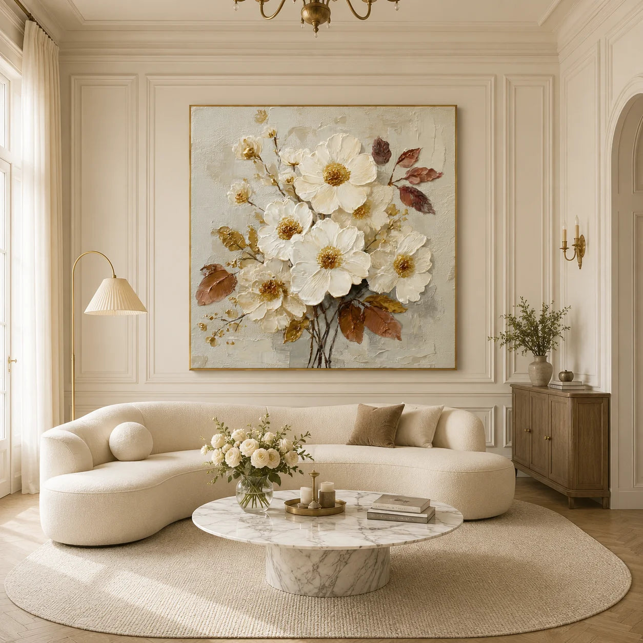 100% Hand-Painted White Floral Oil Painting | Modern Cream Style Flower Wall Art | Original White Blossom & Golden Leaf Textured Canvas by Ownanart # OA 1179