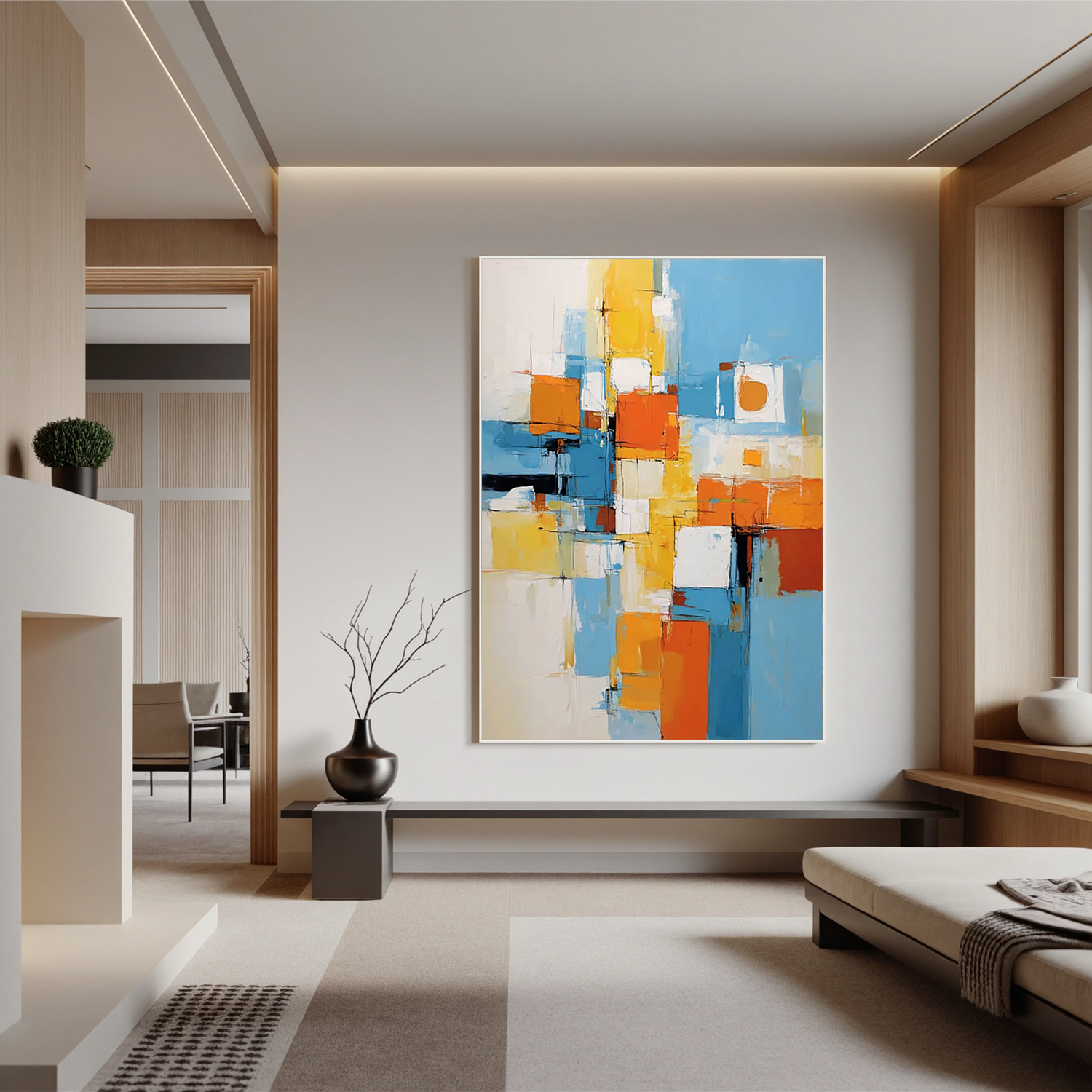 Blue and Orange Abstract Oil Painting, Modern Geometric Wall Art for Living Room Decor#OA 0535