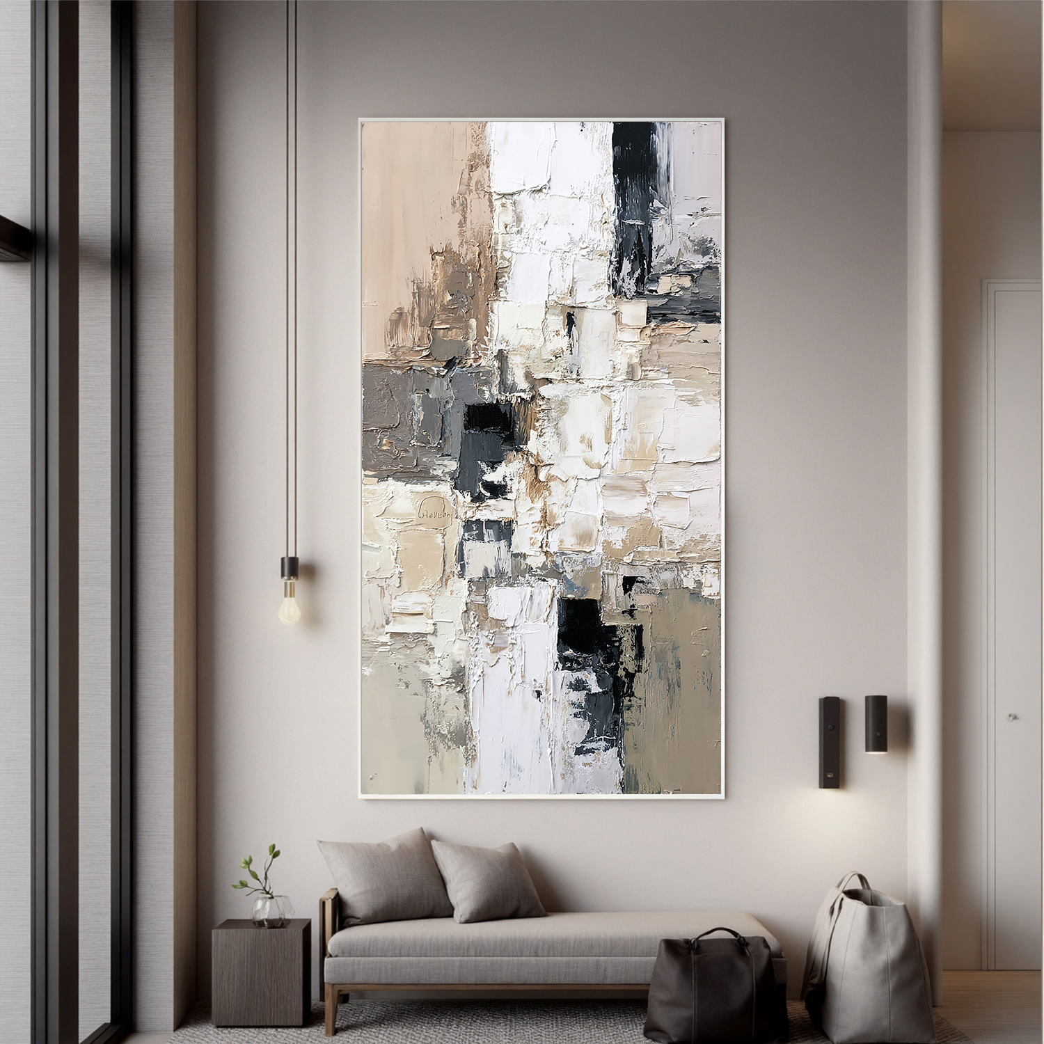 Vertical Neutral Abstract Canvas Wall Art – Textured Black White Beige Painting for Modern Home Decor#OA 0875