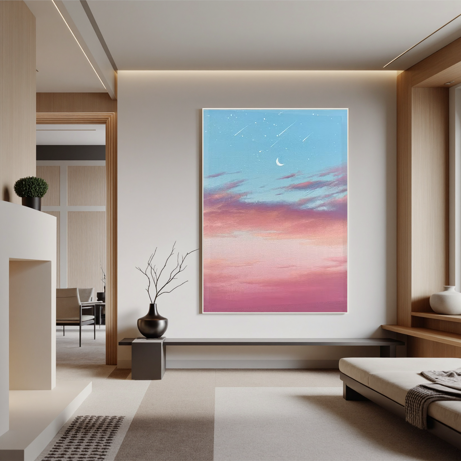 Dreamy Crescent Moon and Shooting Stars Wall Art, Pink Blue Sky Canvas Painting, Romantic Celestial Decor for Bedroom #OA 0786
