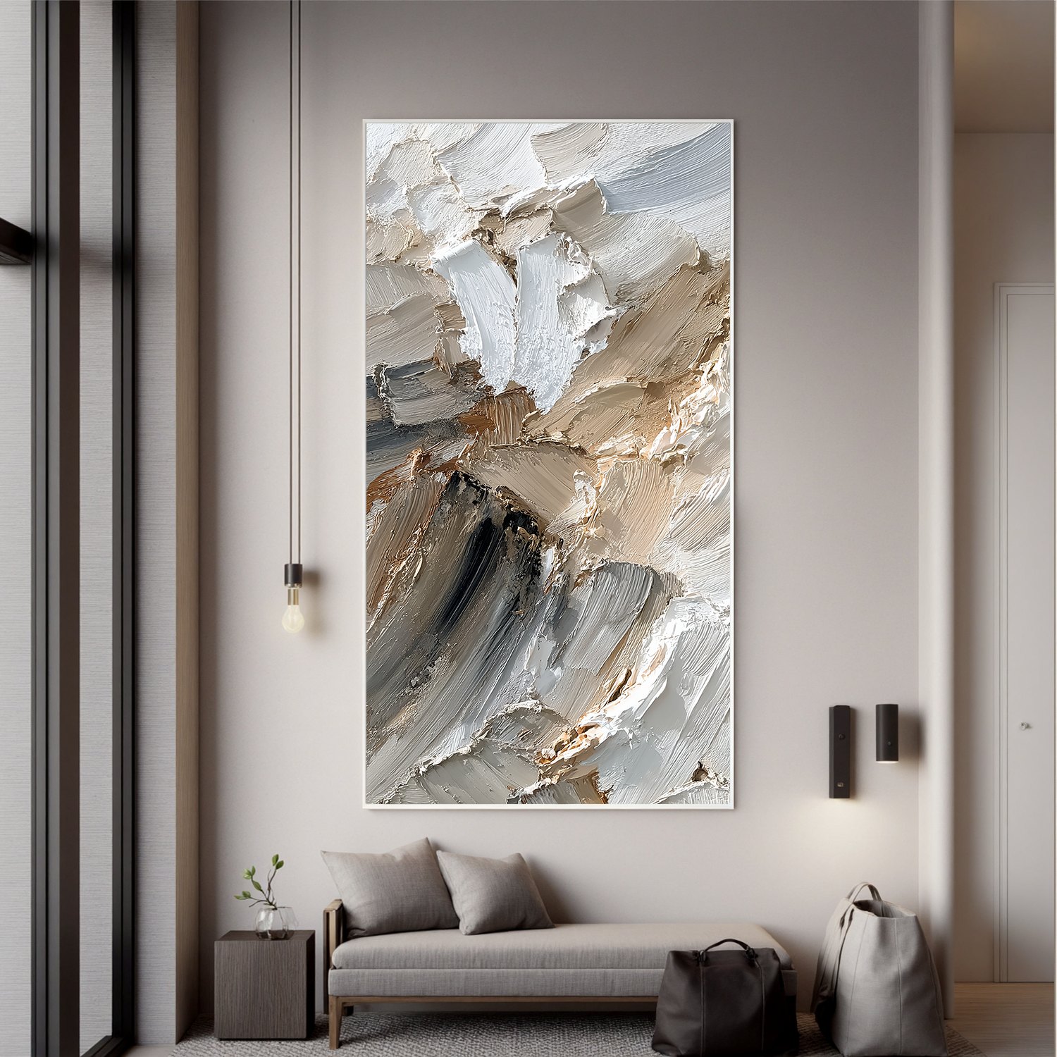 Neutral Textured Abstract Canvas Wall Art – Thick Impasto Painting in Beige Grey for Modern Home Decor#OA 0878