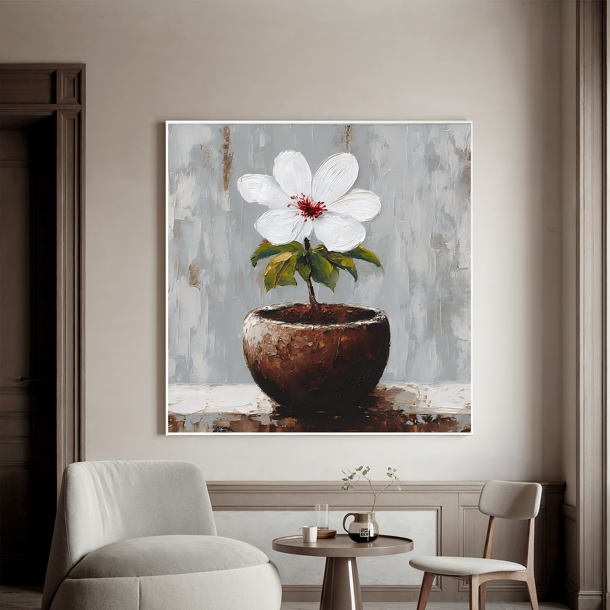 Minimalist White Flower Canvas Wall Art – Elegant Potted Plant Painting for Modern Home Decor#OA 0852