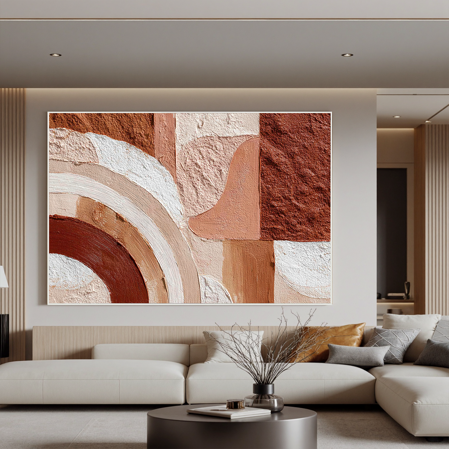 Large Abstract Arch Canvas Wall Art – Earth Tone Textured Minimalist Painting for Modern Living Room#OA 0836