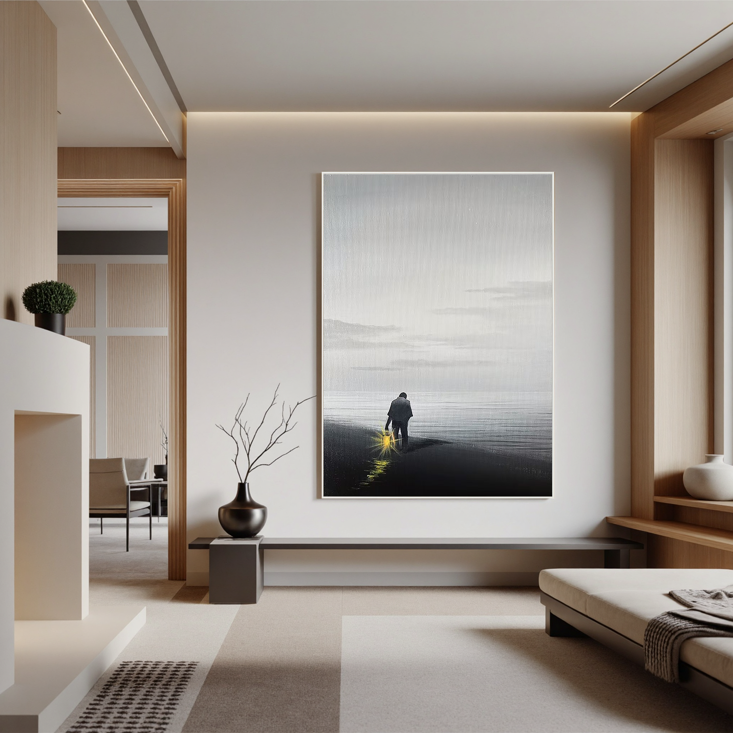 Solitary Figure with Lantern Beach Wall Art, Minimalist Black and White Seascape Canvas Painting for Living Room Decor #OA 0777