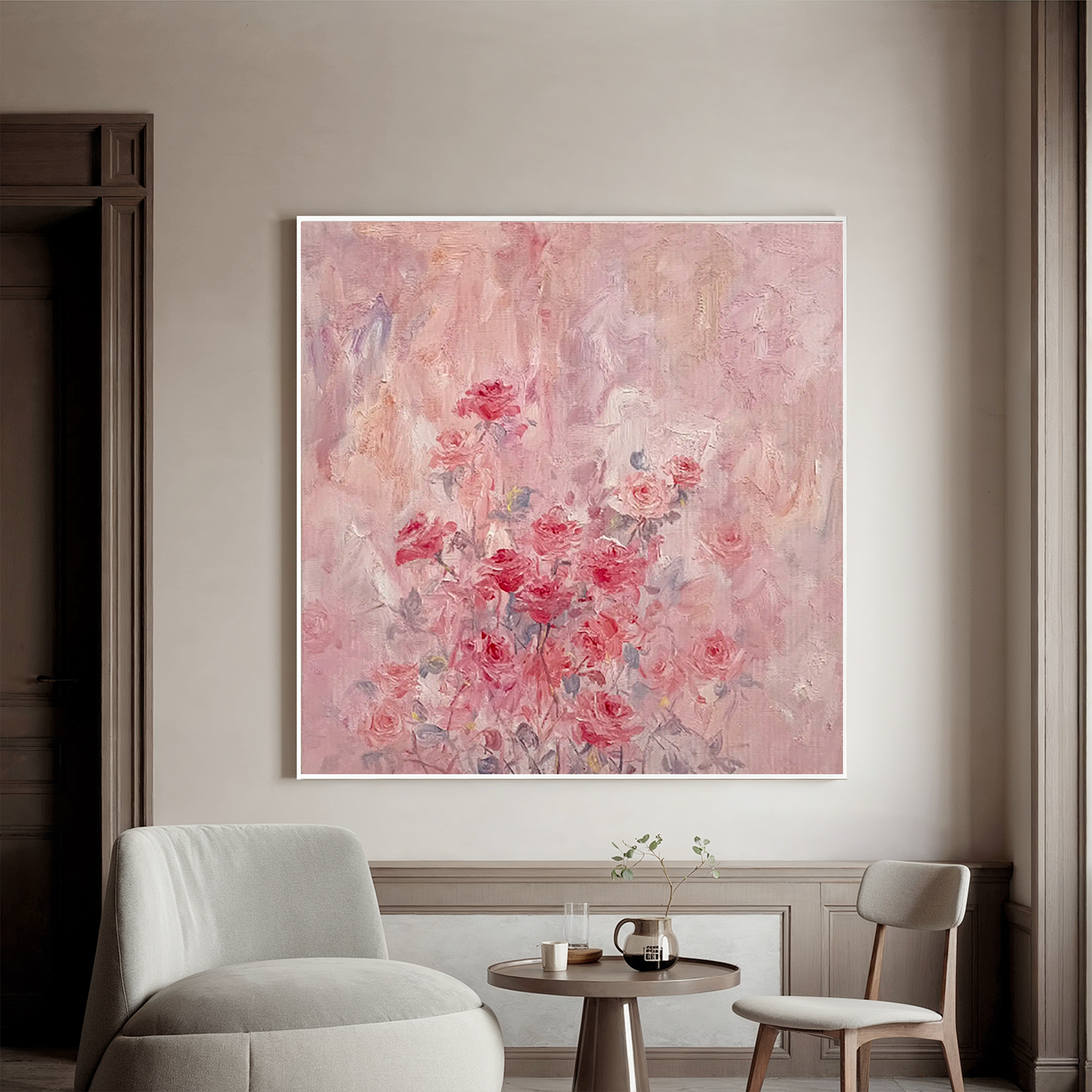 Pink Rose Oil Painting, Soft Romantic Floral Wall Art for Bedroom Decor#OA 0607