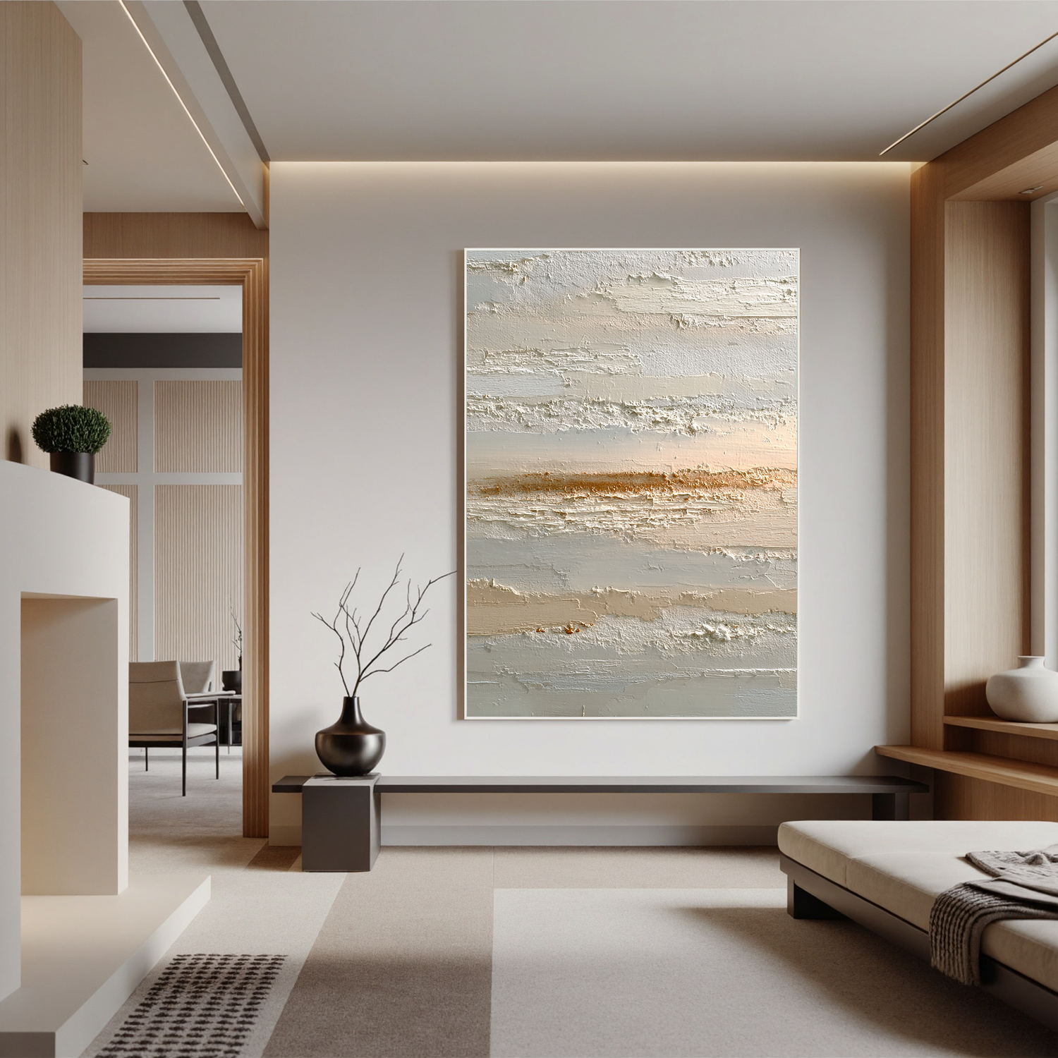 Minimalist Neutral Abstract Canvas Wall Art – Textured Beige Coastal Landscape Painting for Modern Living Room Decor#OA 0860