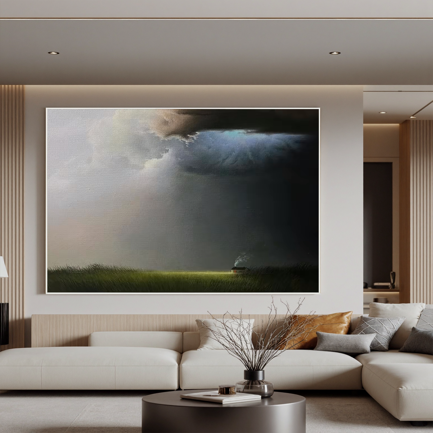 Stormy Landscape Oil Painting, Dark Cloud Prairie Wall Art for Living Room Decor#OA 0622