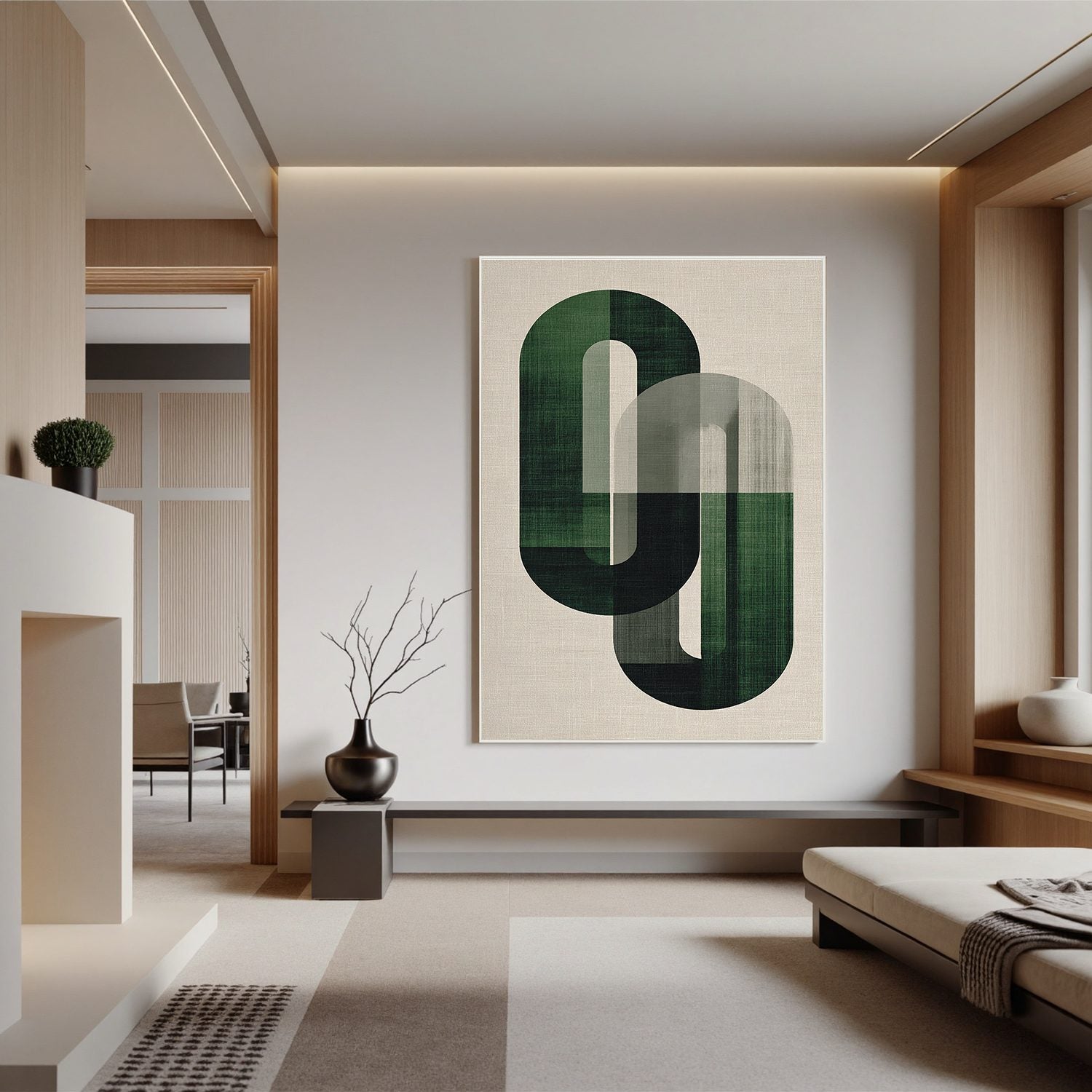 Modern Green Geometric Abstract Wall Art, Emerald Arch Shape Canvas Painting for Living Room Décor #OA 0007