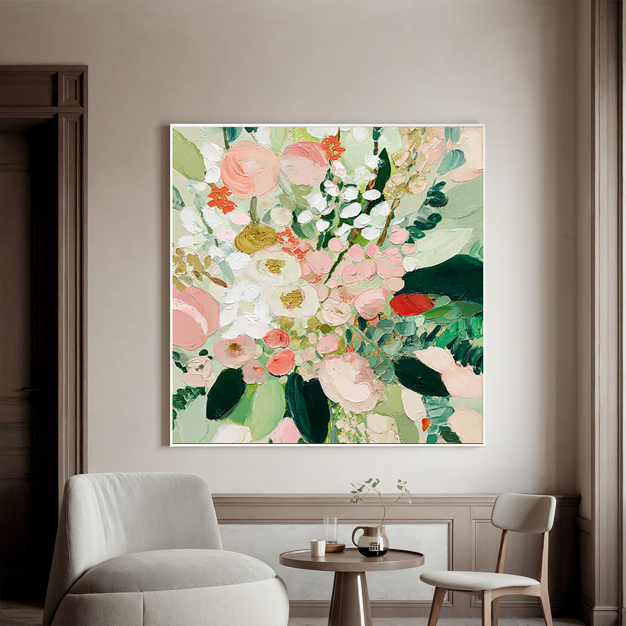 Soft Floral Oil Painting Canvas – Pastel Flower Wall Art for Living Room Elegant Home Decor#OA 0485