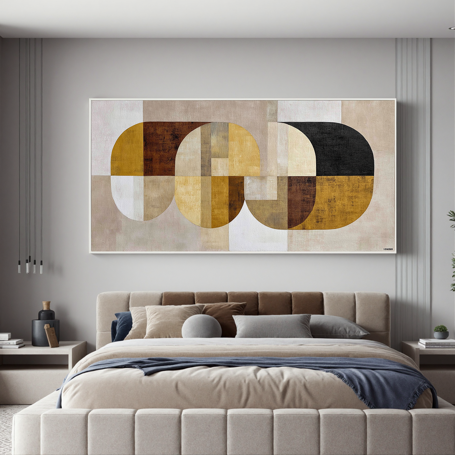 Mid Century Modern Geometric Abstract Canvas Wall Art – Neutral Beige Mustard Yellow Horizontal Painting for Living Room Decor#OA 0865