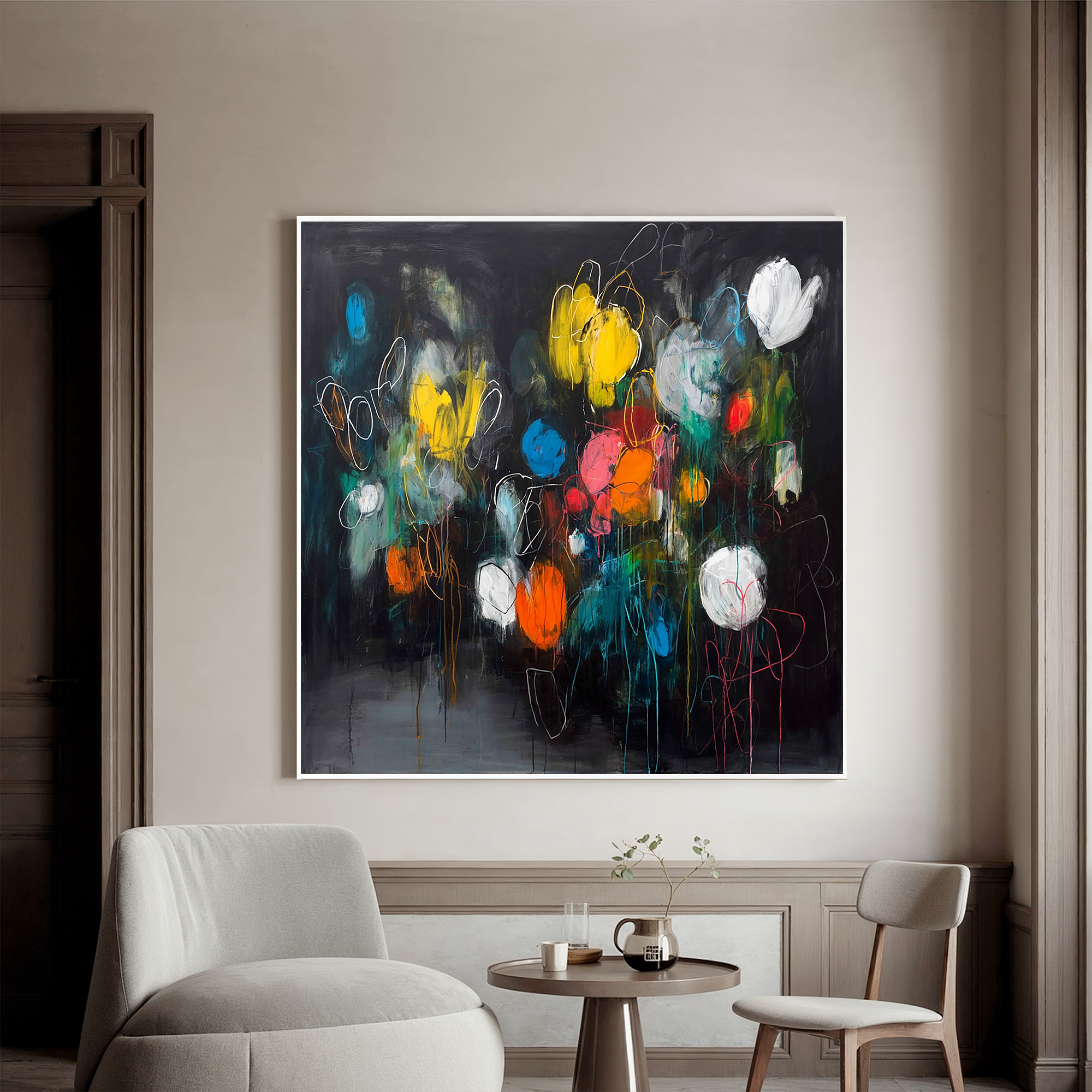 Abstract Dark Floral Oil Painting Canvas – Modern Colorful Wall Art for Living Room Contemporary Home Decor#OA 0466