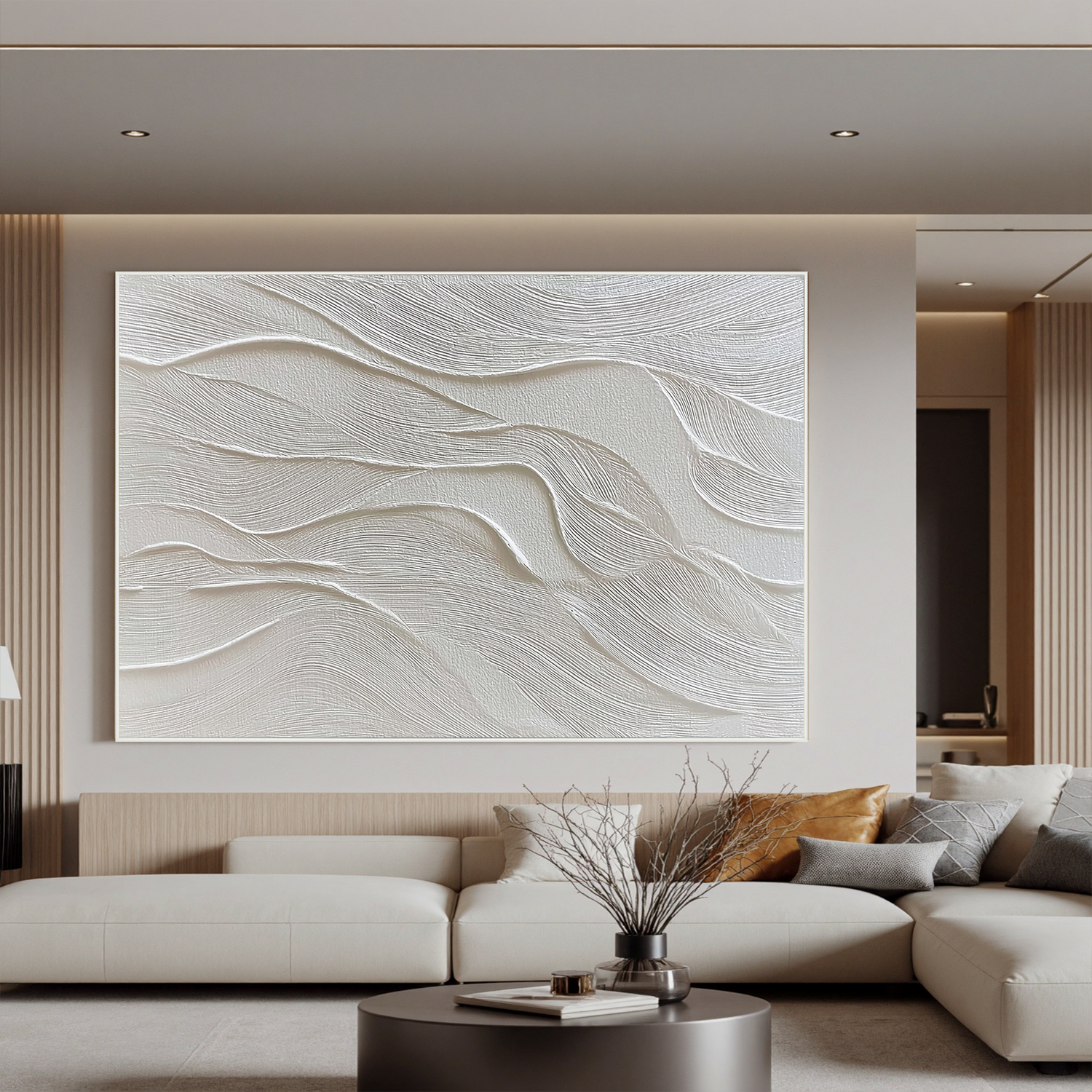 White Textured Abstract Wall Art, Minimal Wavy Lines Canvas Painting for Modern Living Room Décor #OA 0413