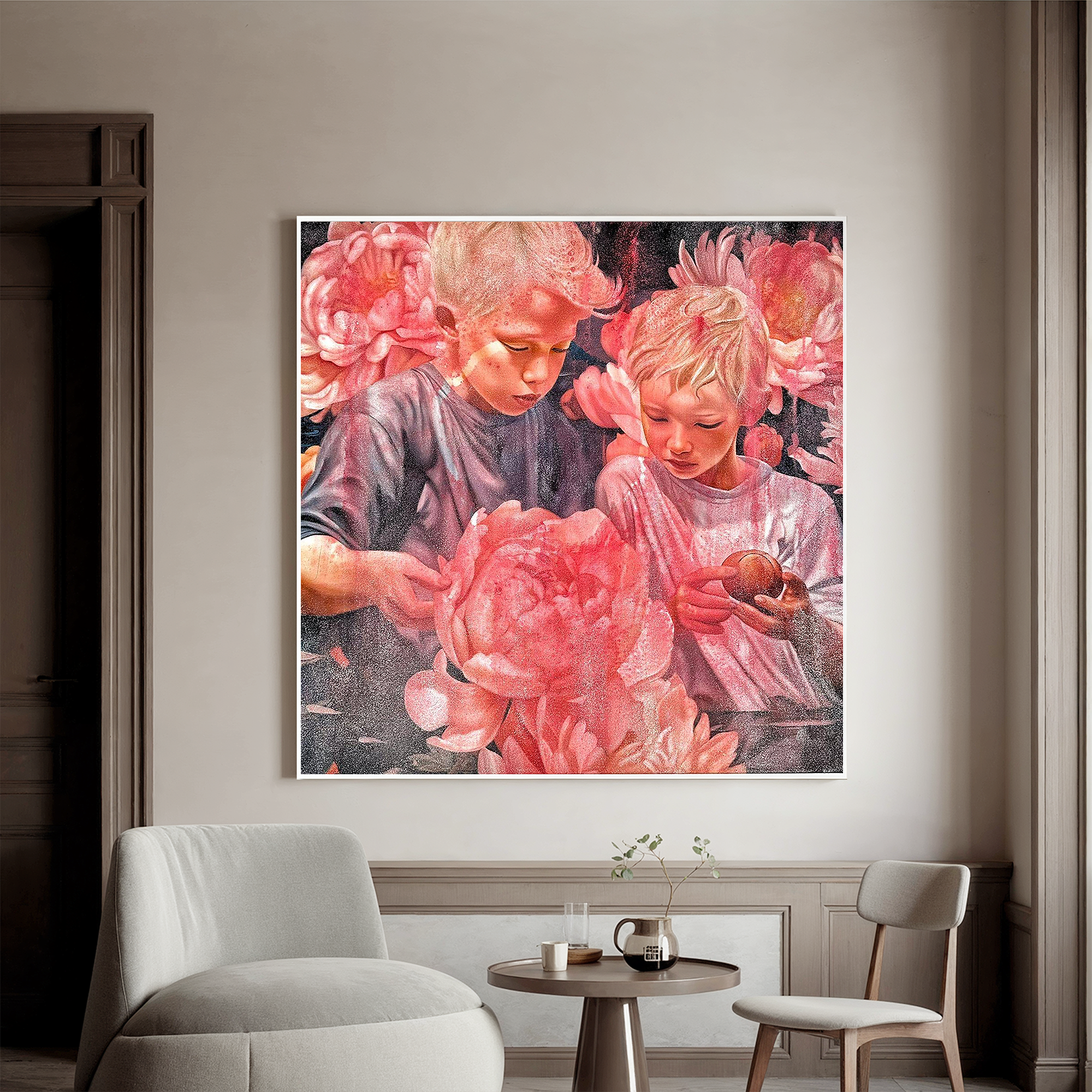 Emotional Children Portrait Oil Painting with Pink Peonies – Contemporary Figurative Floral Canvas Wall Art #OA 0819