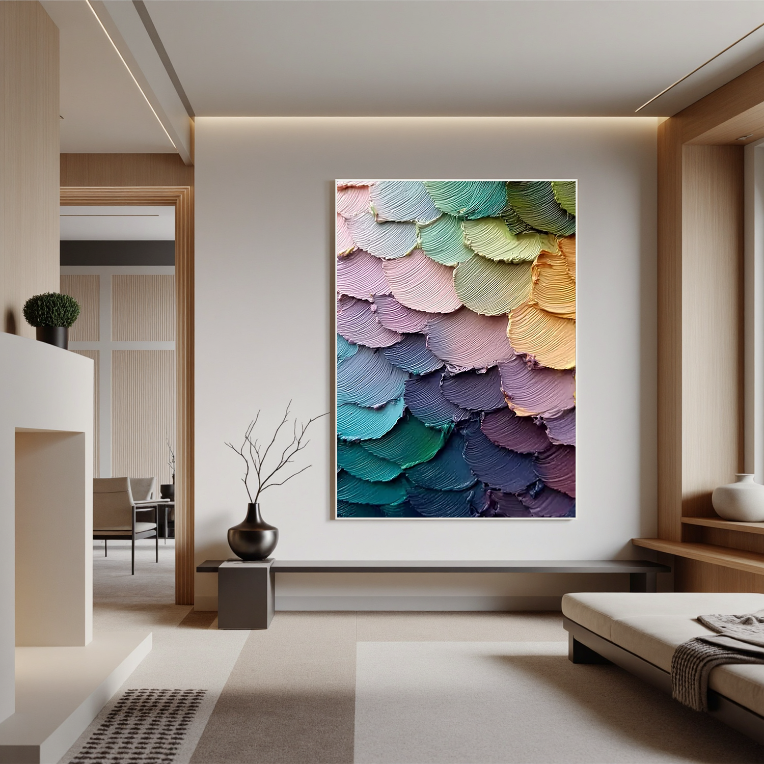 Textured Layered Abstract Oil Painting, Colorful Feather Wall Art for Living Room Decor#OA 0590