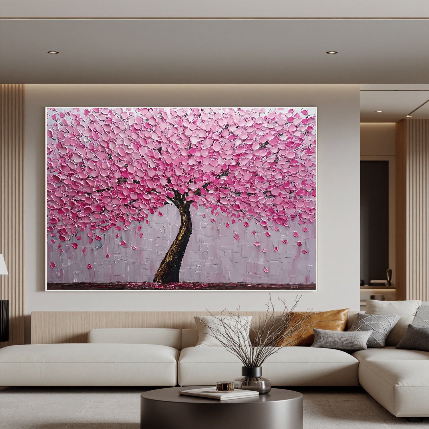 Pink Cherry Blossom Tree Oil Painting | Textured Floral Wall Art for Modern Living Room & Bedroom #OA 0425