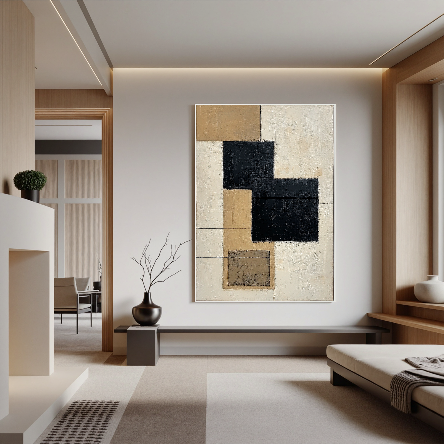 Black and Beige Abstract Oil Painting, Minimalist Geometric Wall Art for Living Room Decor#OA 0570