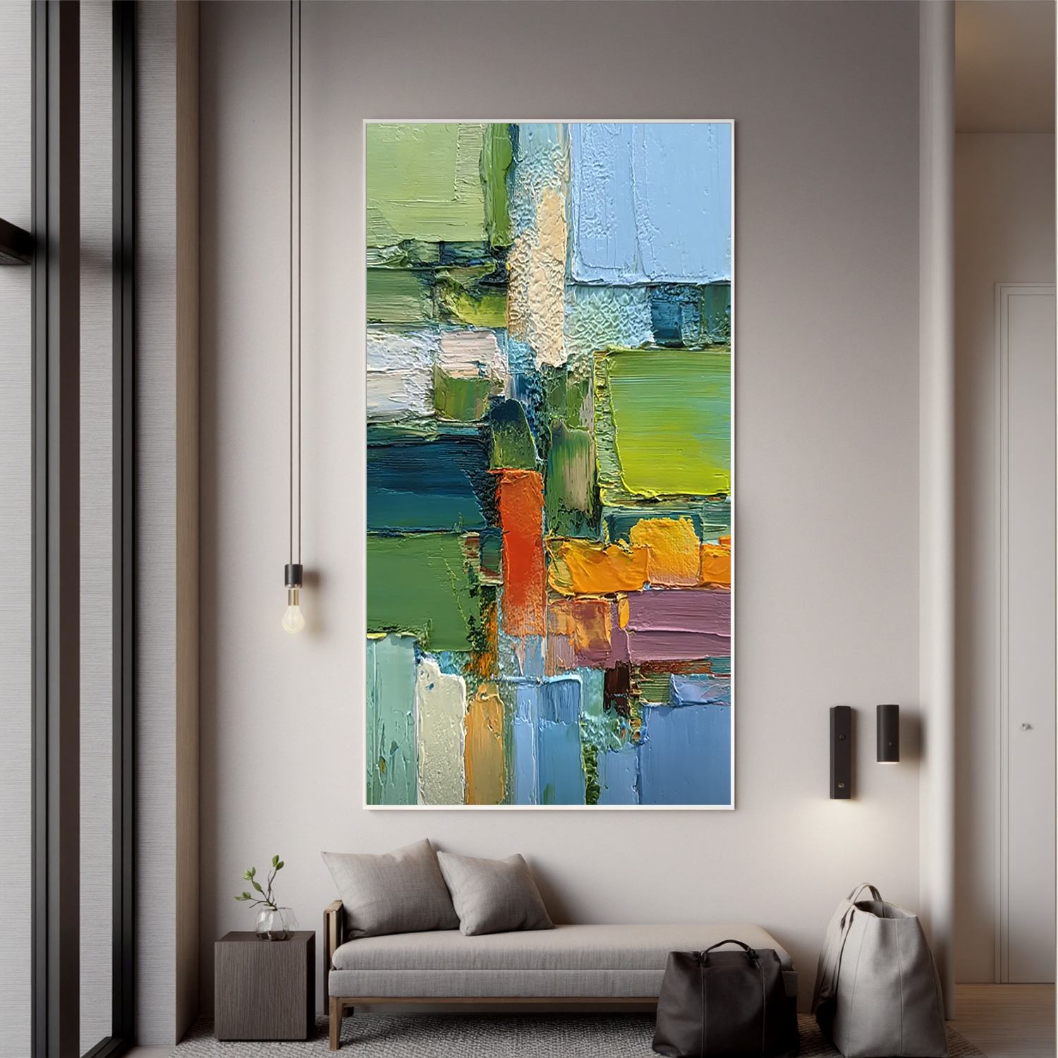Green Geometric Abstract Wall Art, Colorful Textured Block Canvas Painting for Modern Living Room Décor