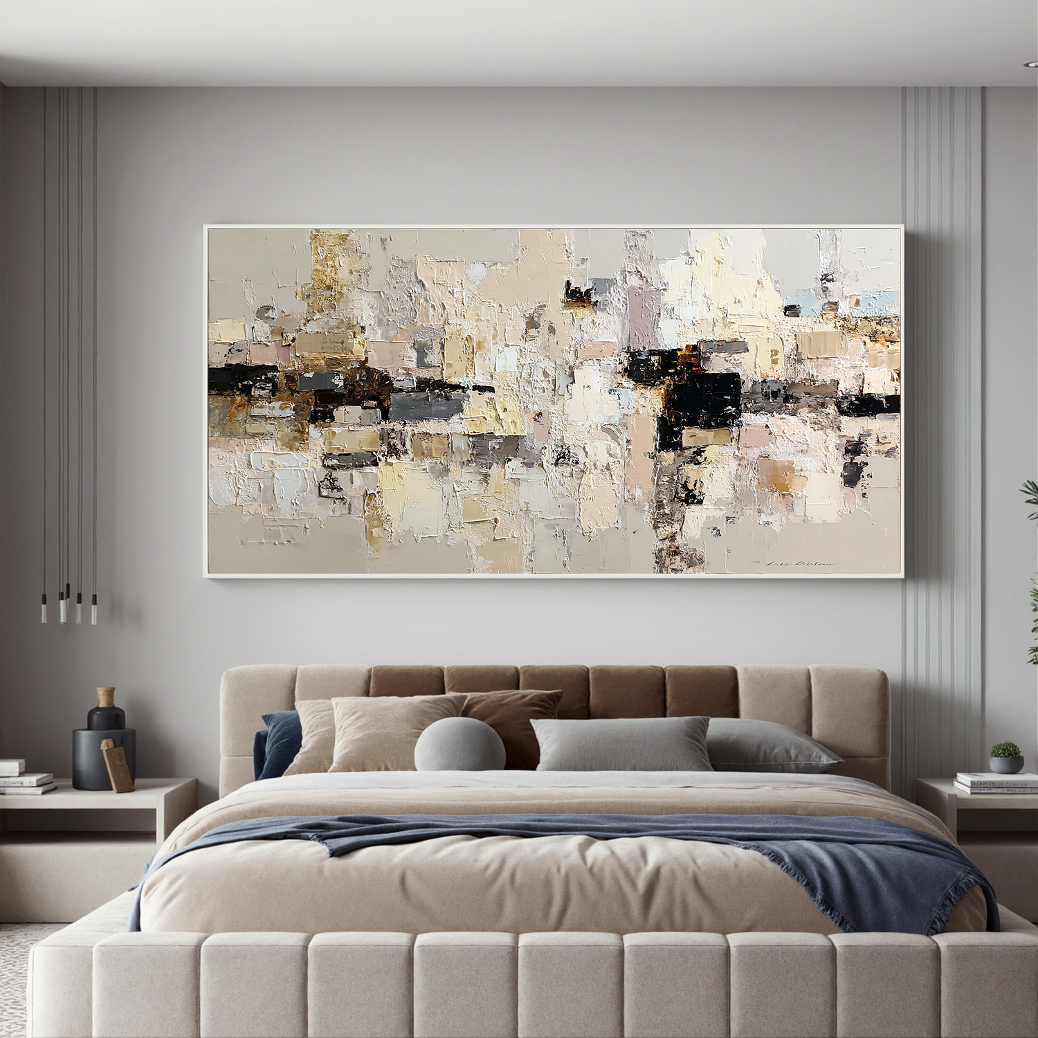 Large Neutral Textured Abstract Canvas Wall Art – Beige Cream Collage Painting for Modern Living Room Decor#OA 0881