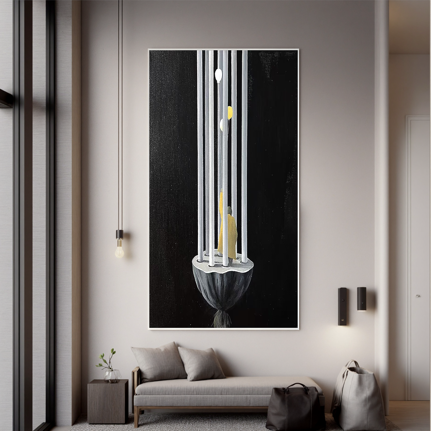 Surreal Minimalist Cage Wall Art with Human Figure and Balloons, Modern Abstract Canvas Painting for Contemporary Home Decor #OA 0790