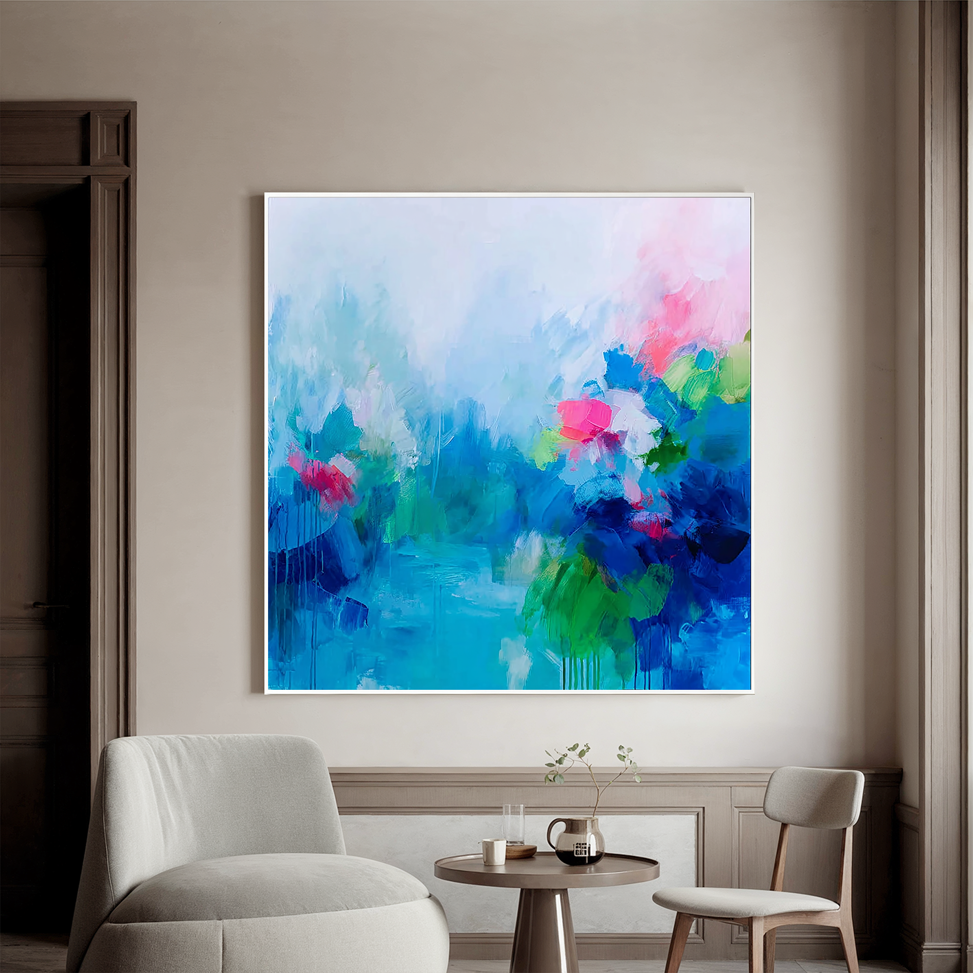 Abstract Blue Floral Oil Painting Canvas – Soft Misty Flower Wall Art for Living Room Modern Home Decor#OA 0493
