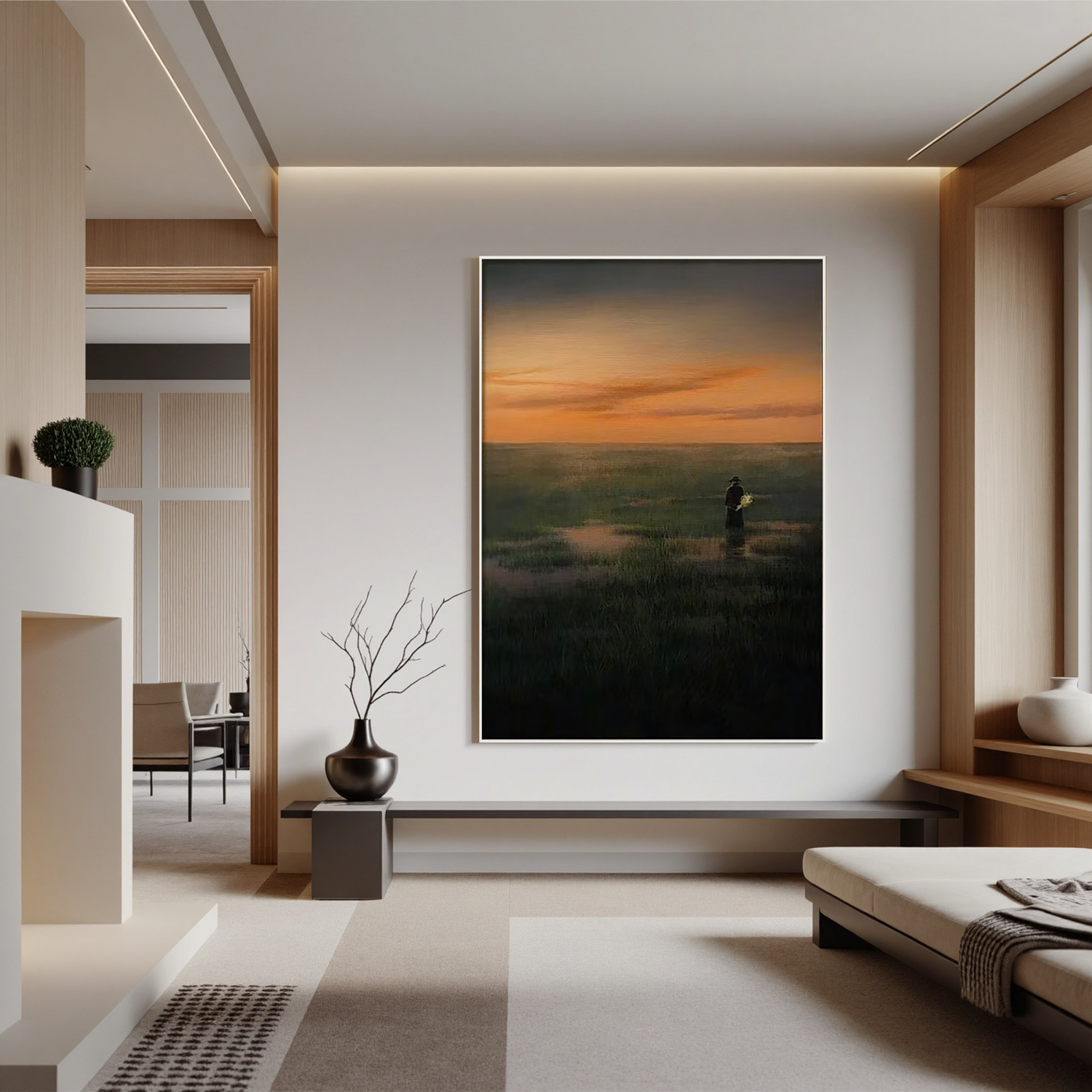 Solitary Figure at Sunset Wall Art, Serene Wetland Landscape Canvas Painting for Living Room Decor #OA 0729