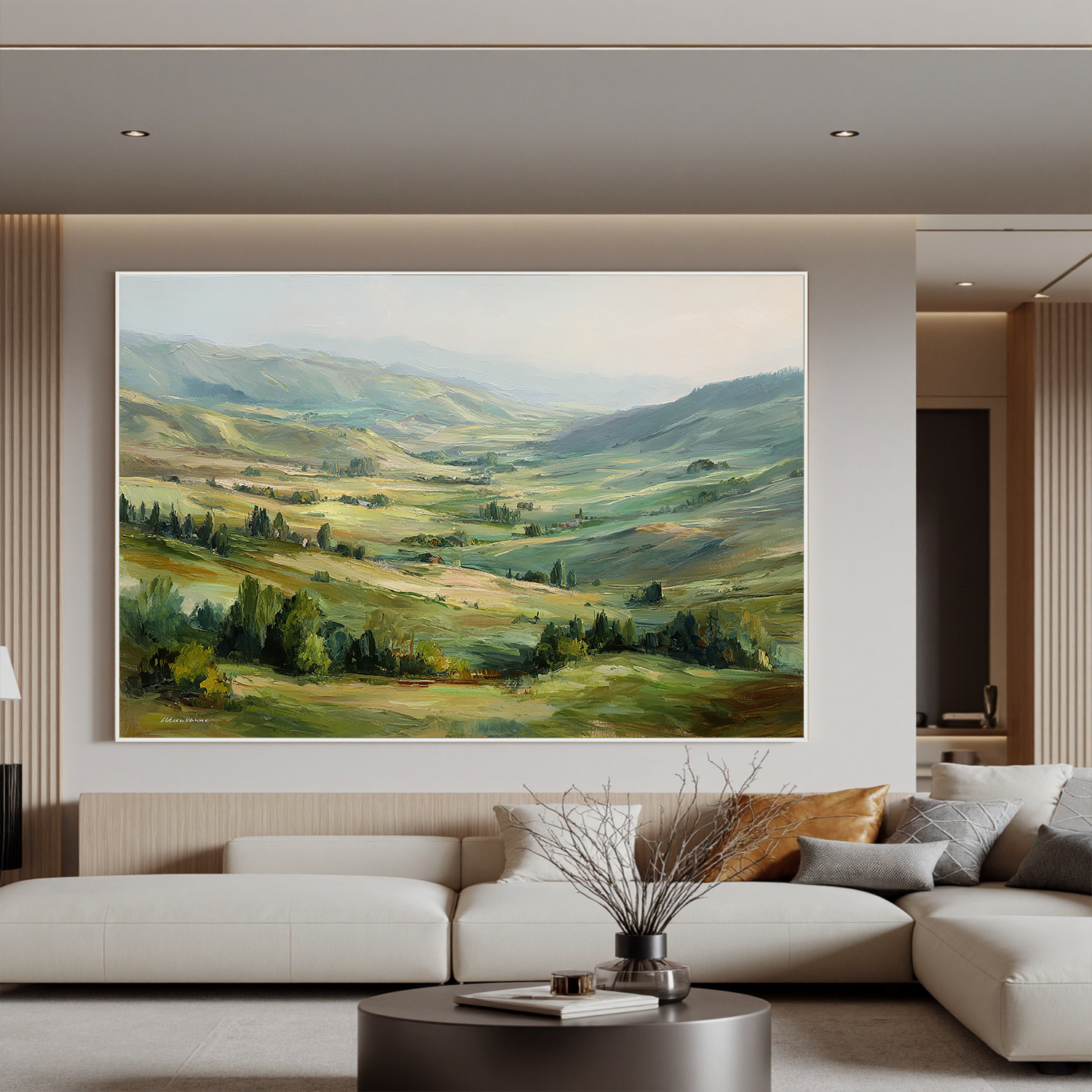 Large Rolling Hills Landscape Oil Painting – Scenic Green Valley Canvas Wall Art#OA 0893