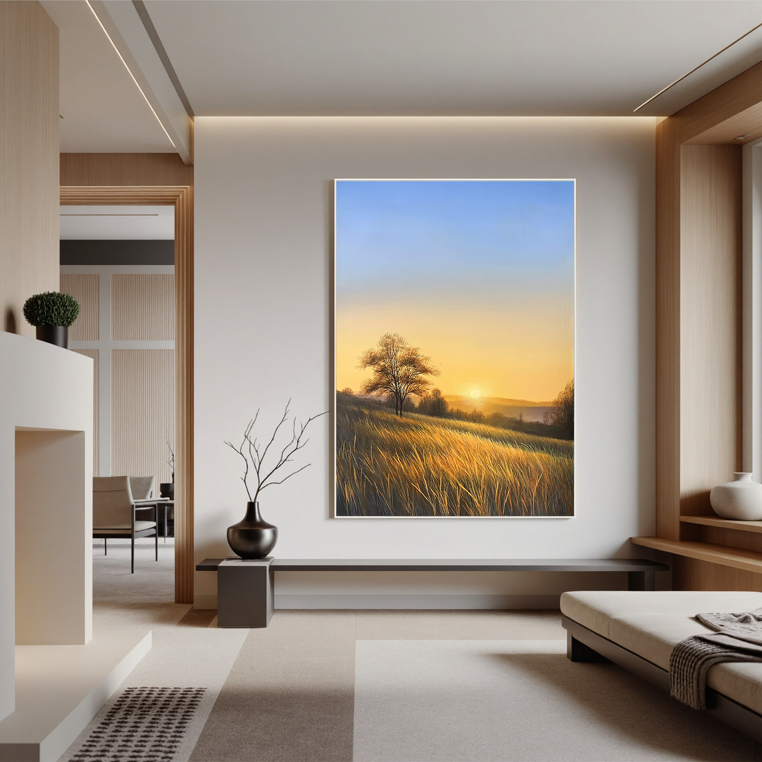 Golden Sunrise Meadow Wall Art, Countryside Landscape Canvas Painting with Lone Tree for Living Room Decor #OA 0779