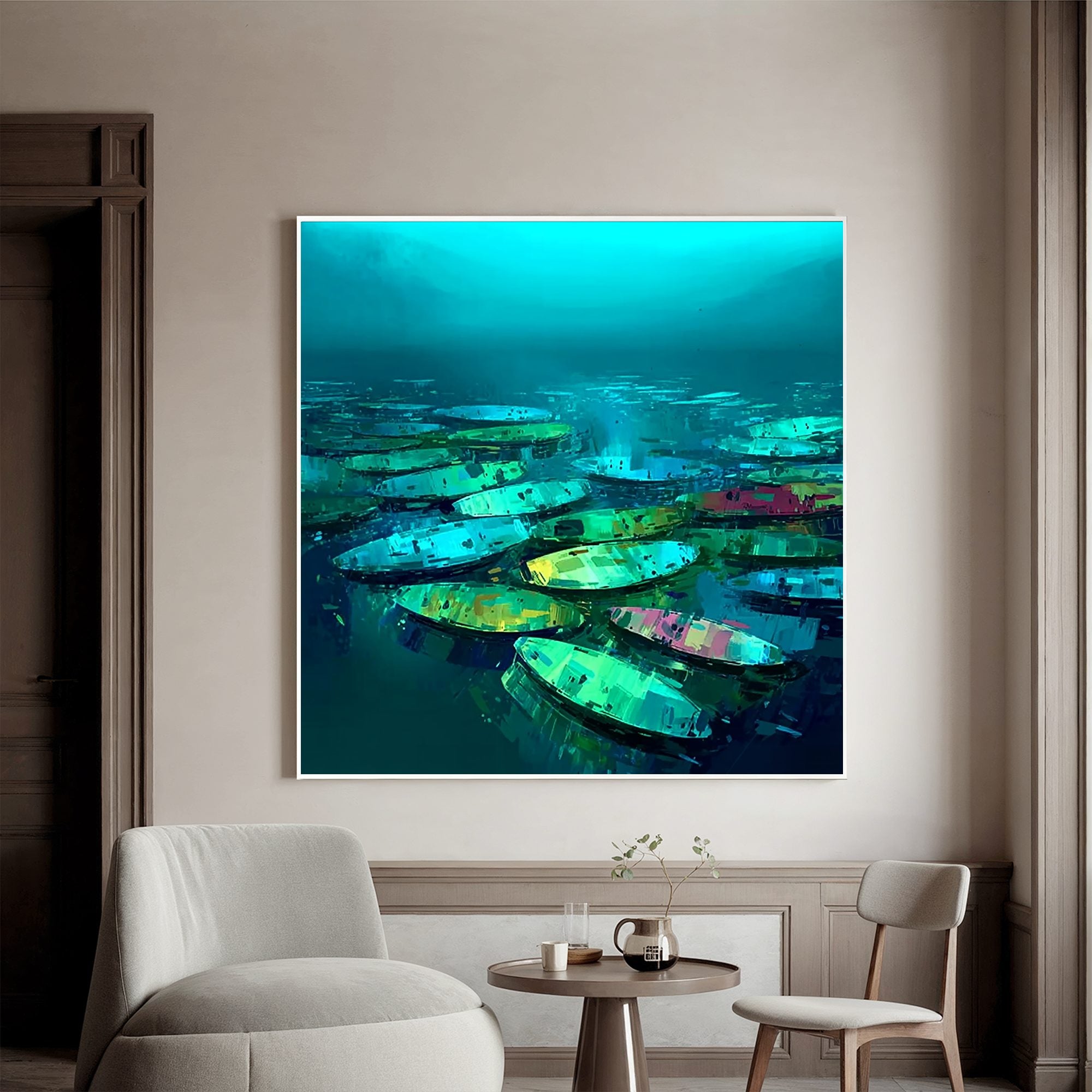 Modern Abstract Boat Painting on Water | Blue Green Lake Boat Wall Art | Large Hand Painted Contemporary Canvas Artwork#OA 0429