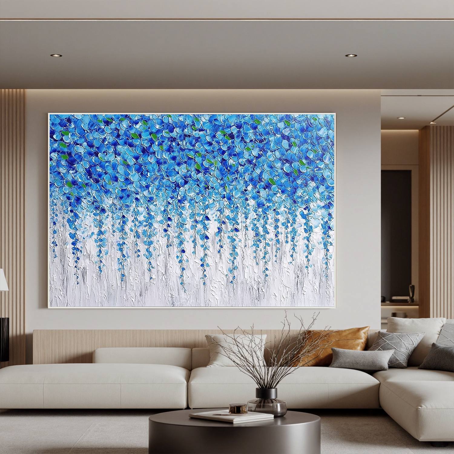 Blue Floral Abstract Wall Art, Textured Flower Cascade Canvas Painting for Living Room Décor #OA 0402