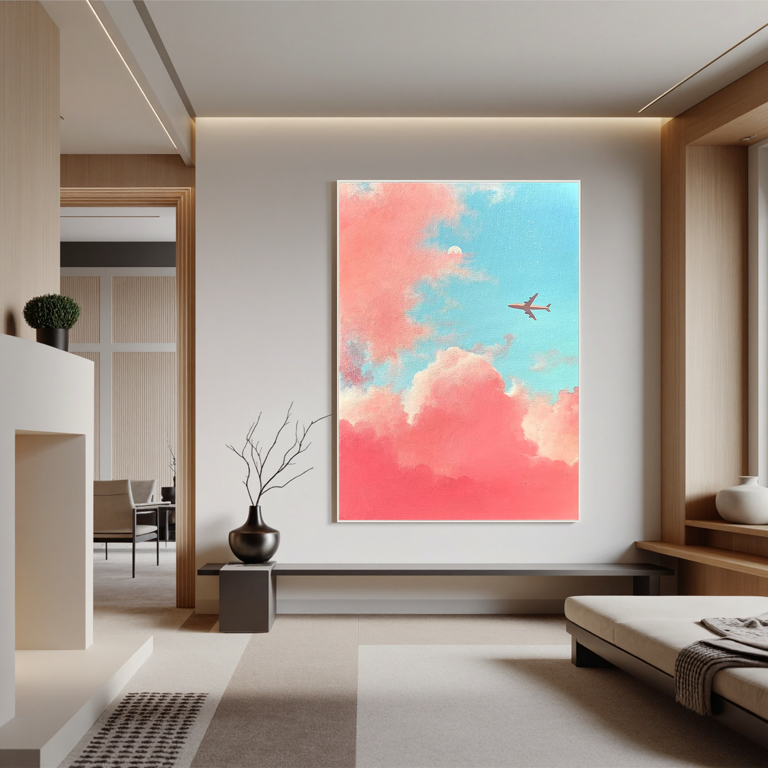 Dreamy Pink and Blue Sky Wall Art with Airplane โ Pastel Cloud Canvas Painting for Modern Home Decor #OA 0798