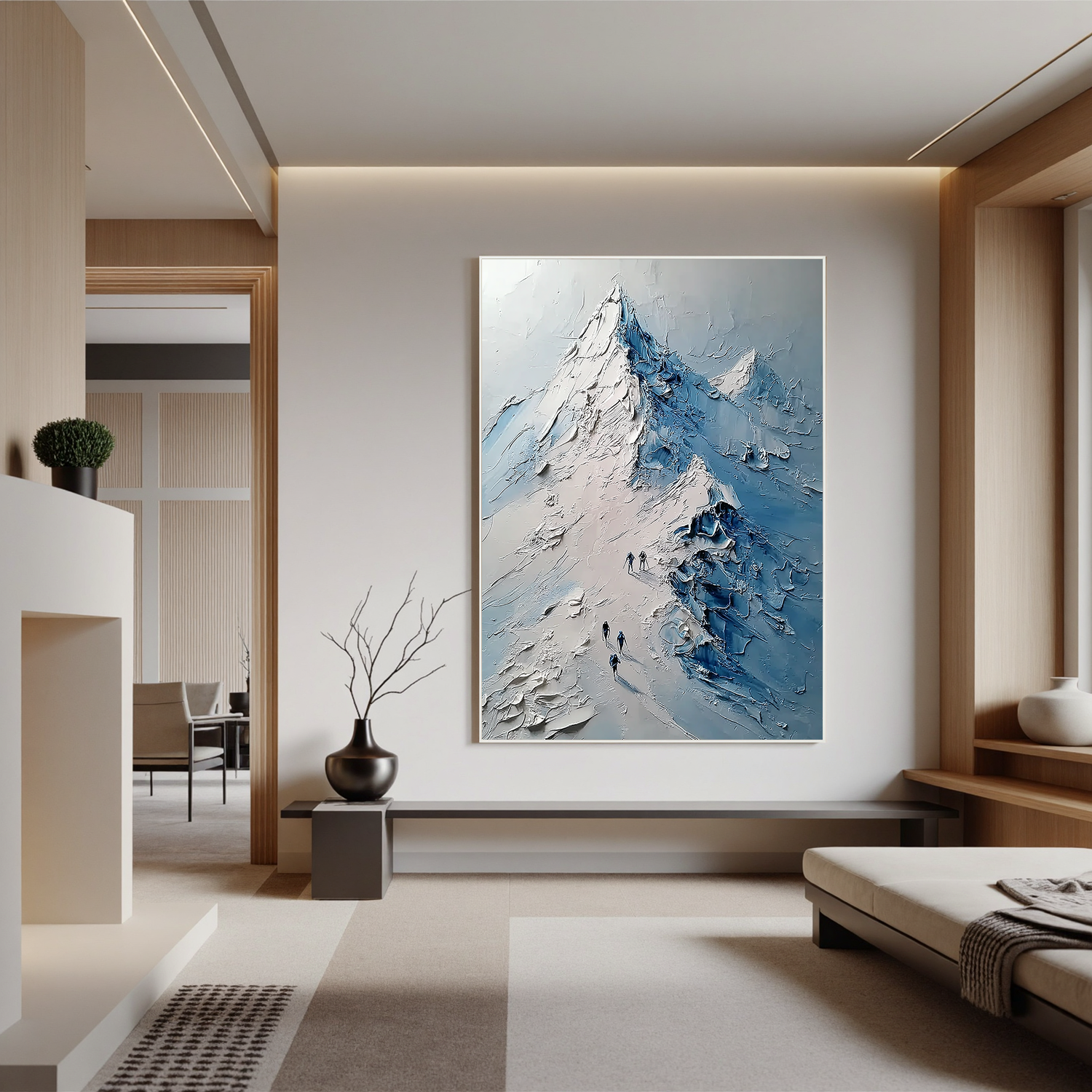 Textured Snow Mountain Oil Painting, Blue and White Alpine Landscape Wall Art for Living Room Decor#OA 0541