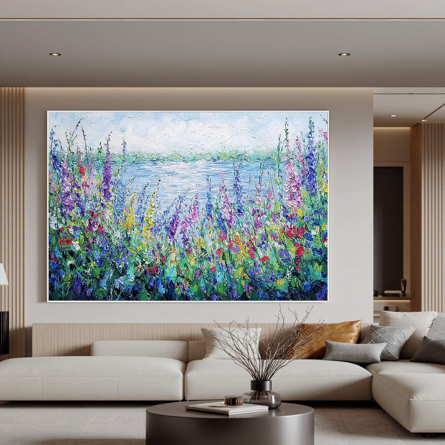 Colorful Wildflower Lake Wall Art, Textured Garden Landscape Canvas Painting for Living Room Décor #OA 0407