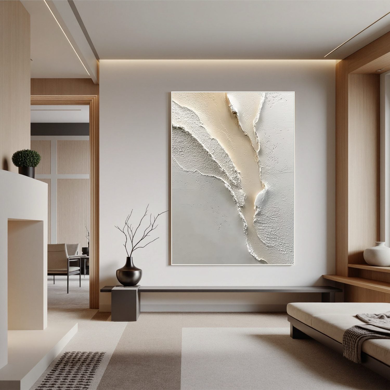 Neutral Textured Abstract Wall Art, White Beige 3D Canvas Painting for Modern Living Room Décor #OA 0009