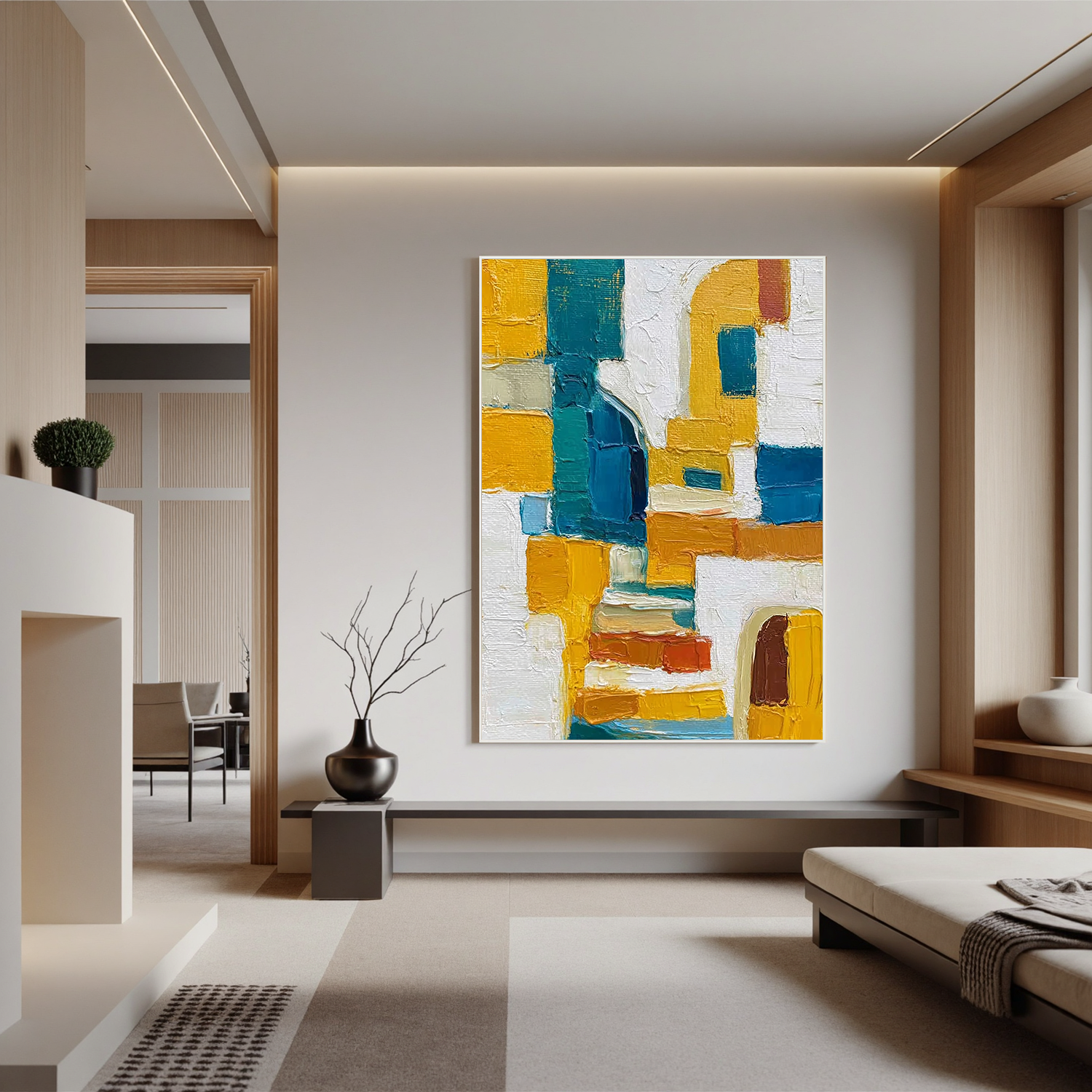 Abstract Geometric Oil Painting, Yellow and Blue Textured Wall Art for Living Room Decor#OA 0537