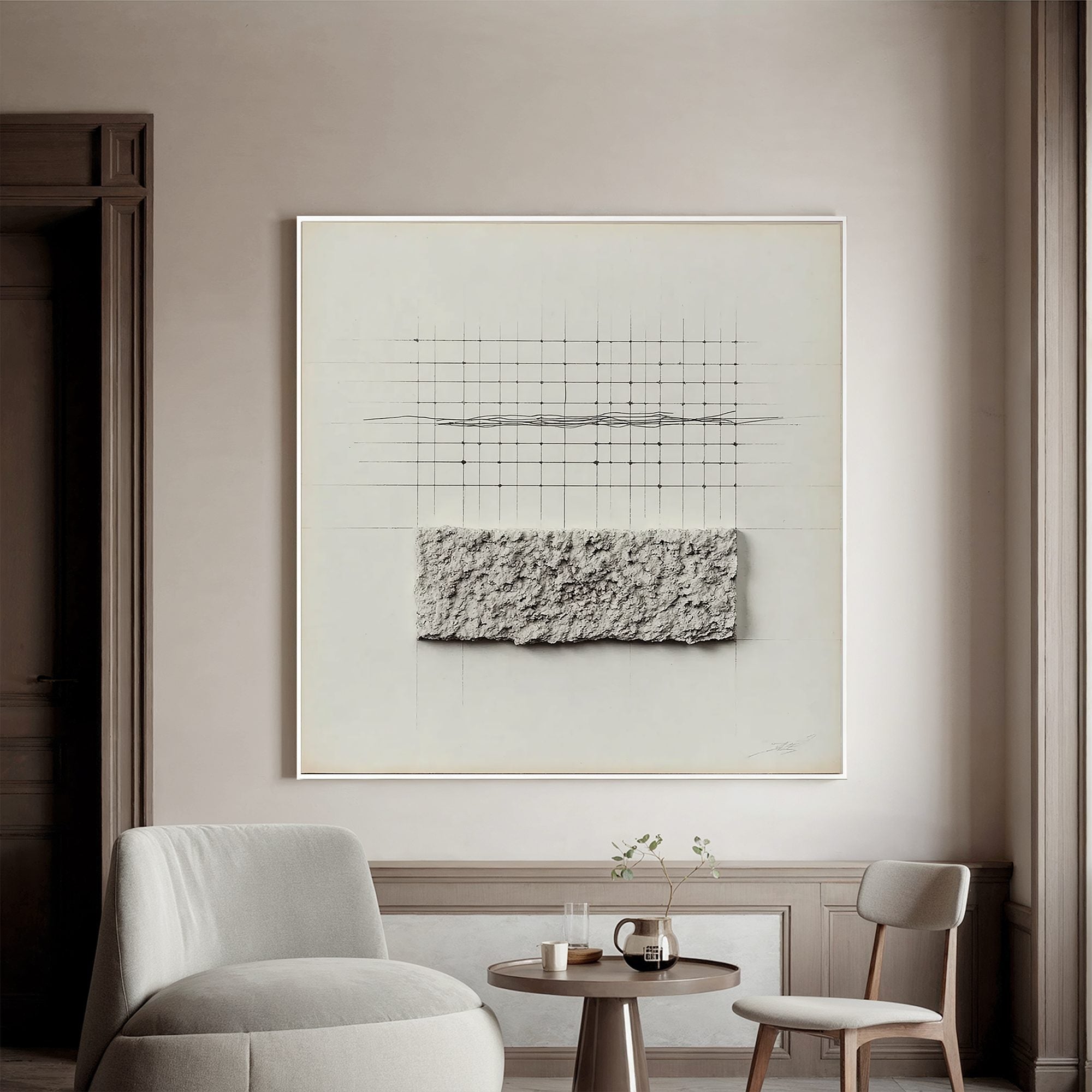 Minimal Geometric Textured Wall Art, Neutral Grid Line Canvas Painting for Modern Living Room Décor #OA 0403