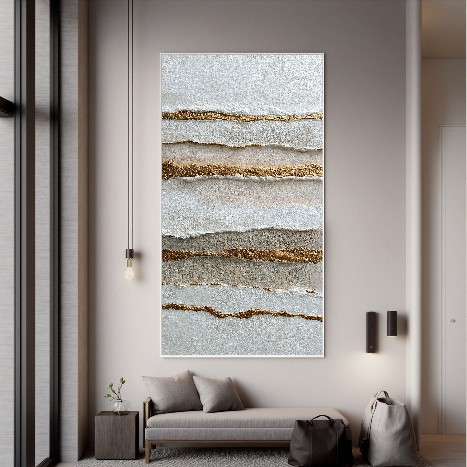 Minimalist Abstract Texture Canvas Wall Art – Neutral Beige White and Gold Vertical Painting for Modern Living Room Decor#OA 0869