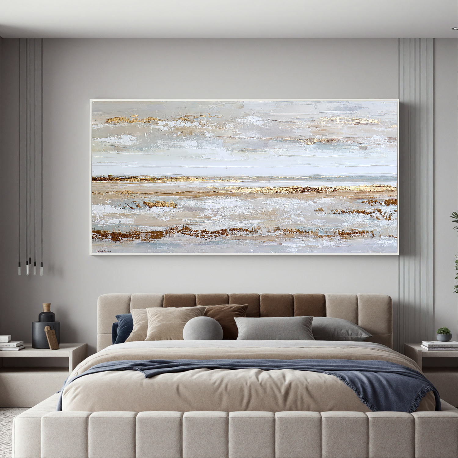 Large Coastal Abstract Canvas Wall Art – Textured Neutral Beige Ocean Landscape Painting for Living Room Decor#OA 0859