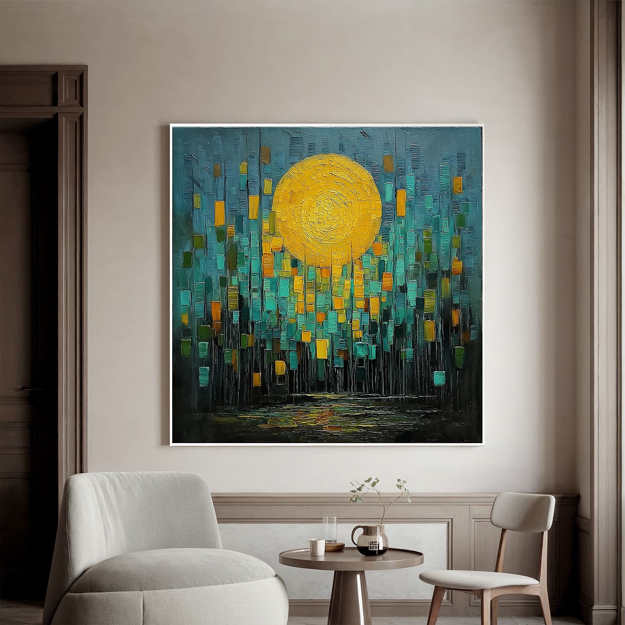 Abstract Golden Moon Oil Painting | Modern Teal & Gold Textured Wall Art for Living Room Decor #OA 0432