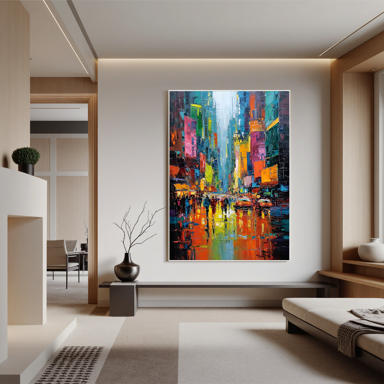 Colorful City Street Oil Painting, Abstract Urban Wall Art for Living Room Decor#OA 0533