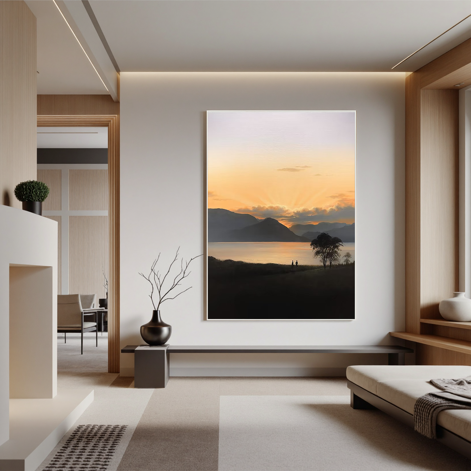 Golden Sunset Lake Landscape Wall Art – Serene Mountain Oil Painting Canvas for Modern Minimalist Home Decor #OA 0771