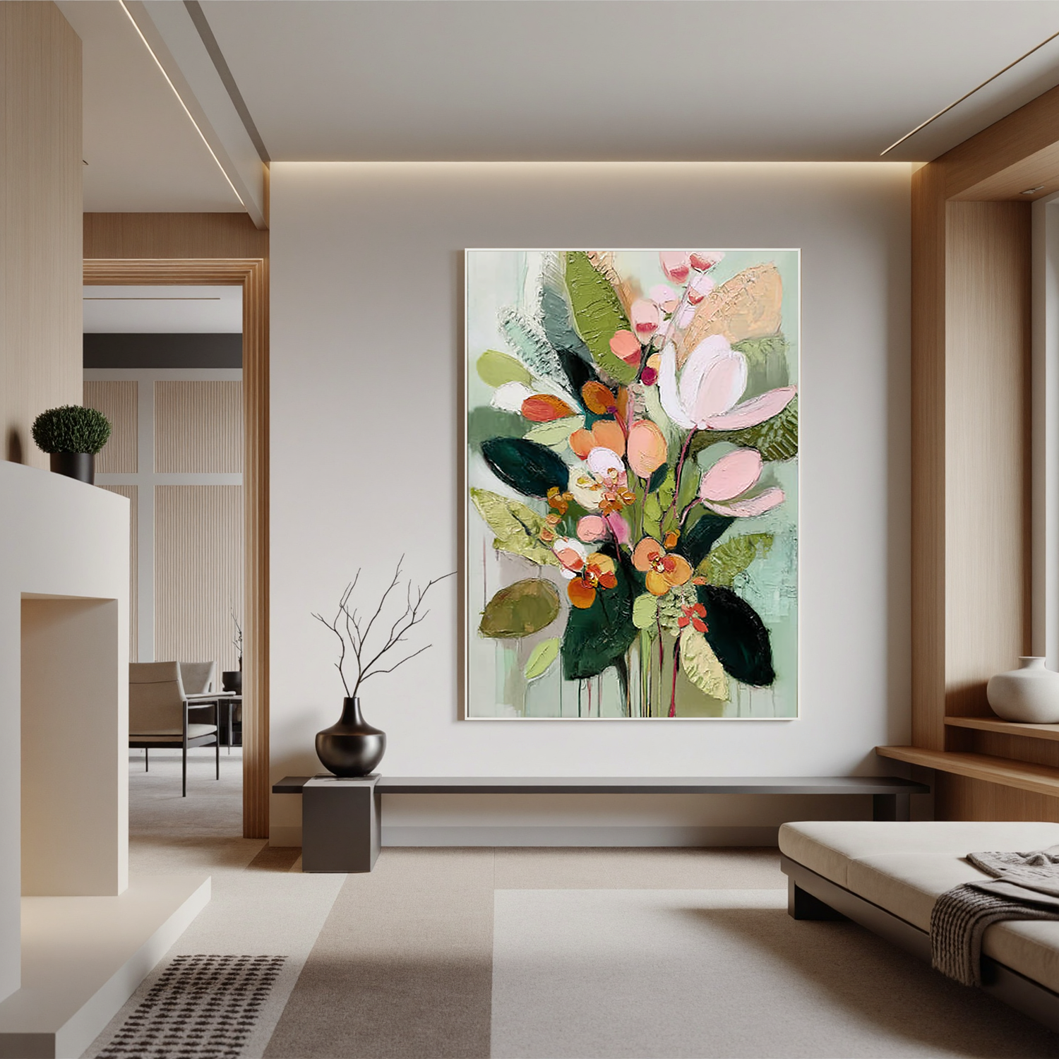 Pastel Floral Bouquet Oil Painting, Green Botanical Wall Art for Living Room Decor#OA 0511