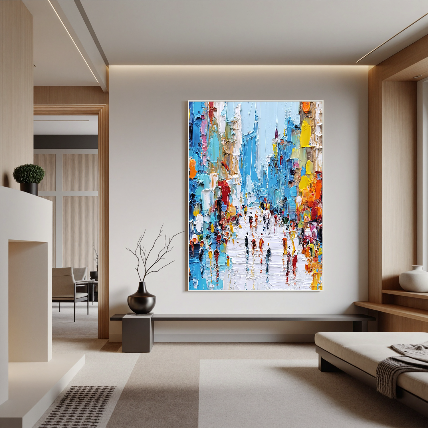 Colorful Abstract City Street Oil Painting, Textured Urban Wall Art for Living Room Decor#OA 0510