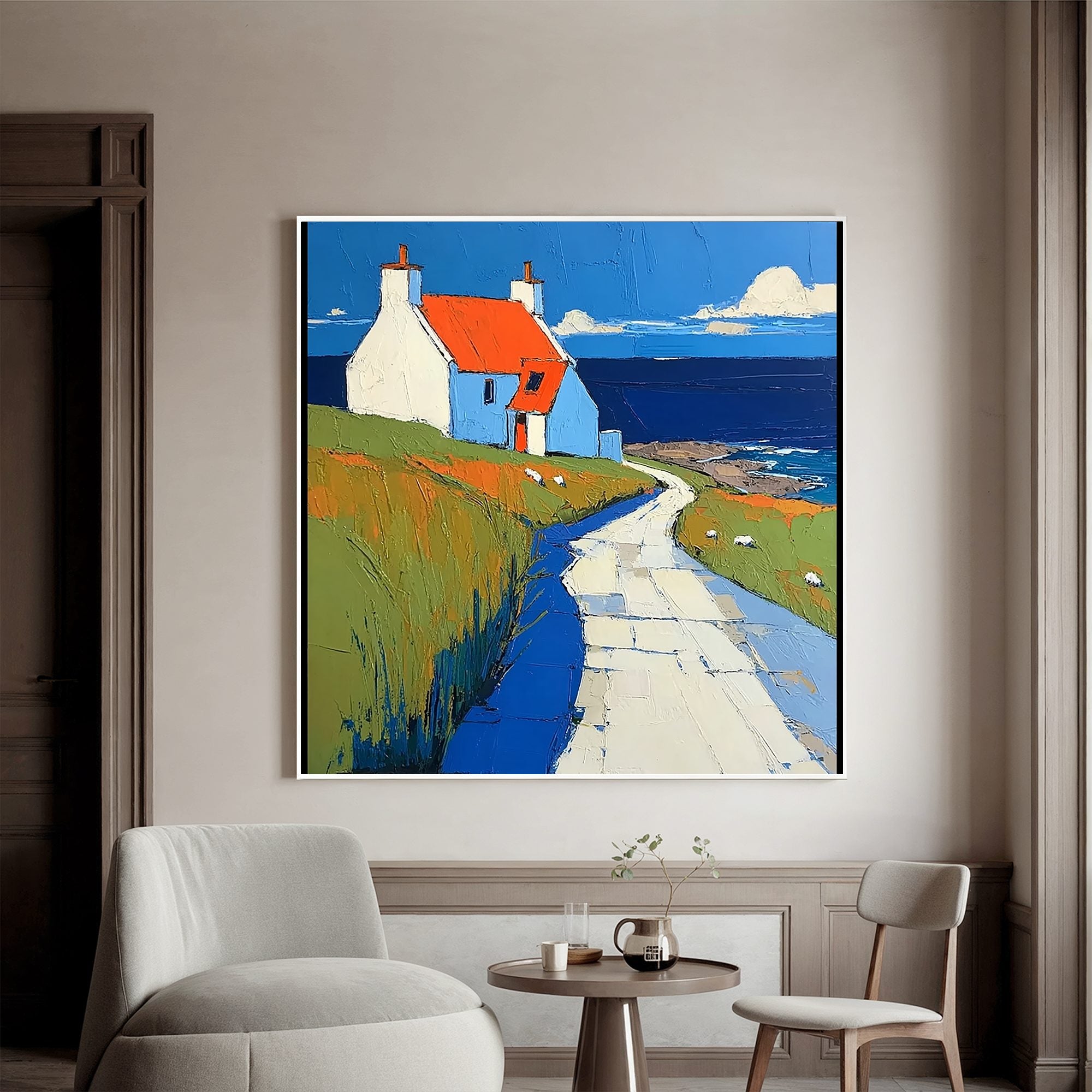Coastal Cottage Oil Painting | Colorful Seaside House Wall Art for Modern Coastal Home Decor #OA 0431