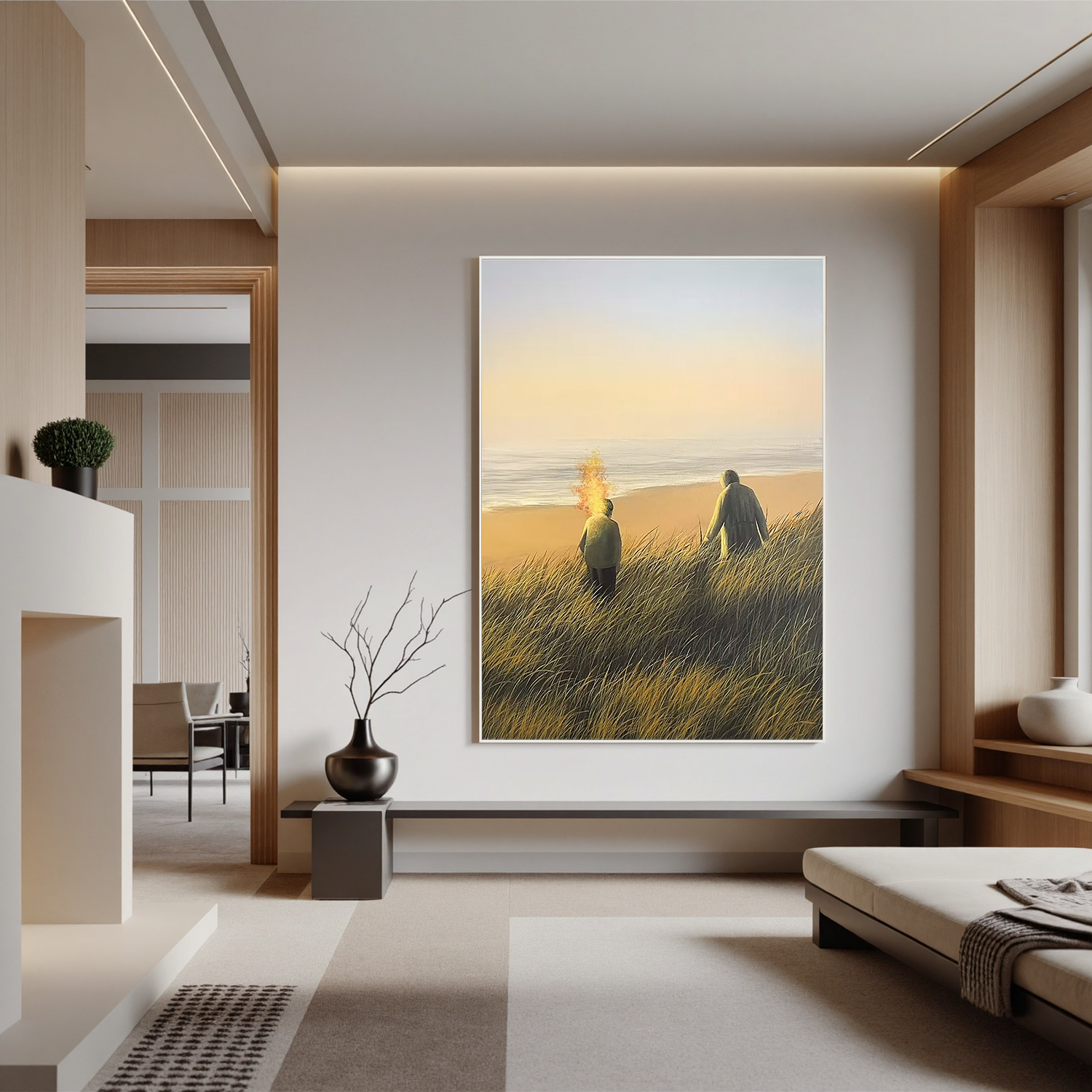 Serene Coastal Sunset Wall Art with Figures – Beach Landscape Canvas Painting for Living Room Decor #OA 0797