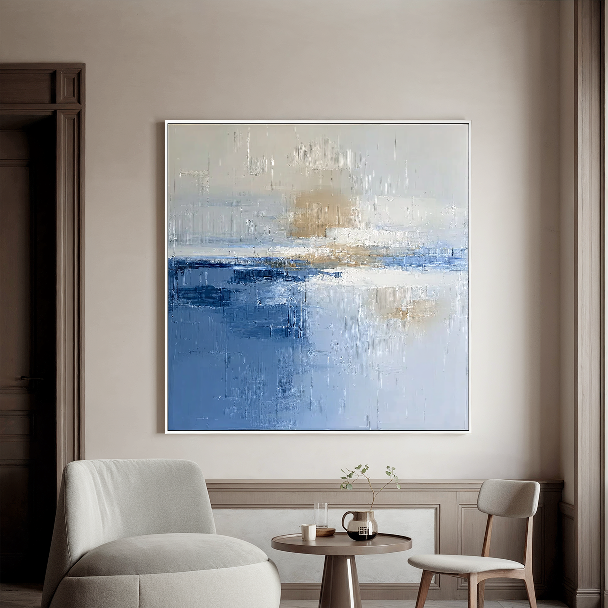 Abstract Blue Seascape Oil Painting Canvas – Minimalist Horizon Wall Art for Living Room Modern Home Decor#OA 0483