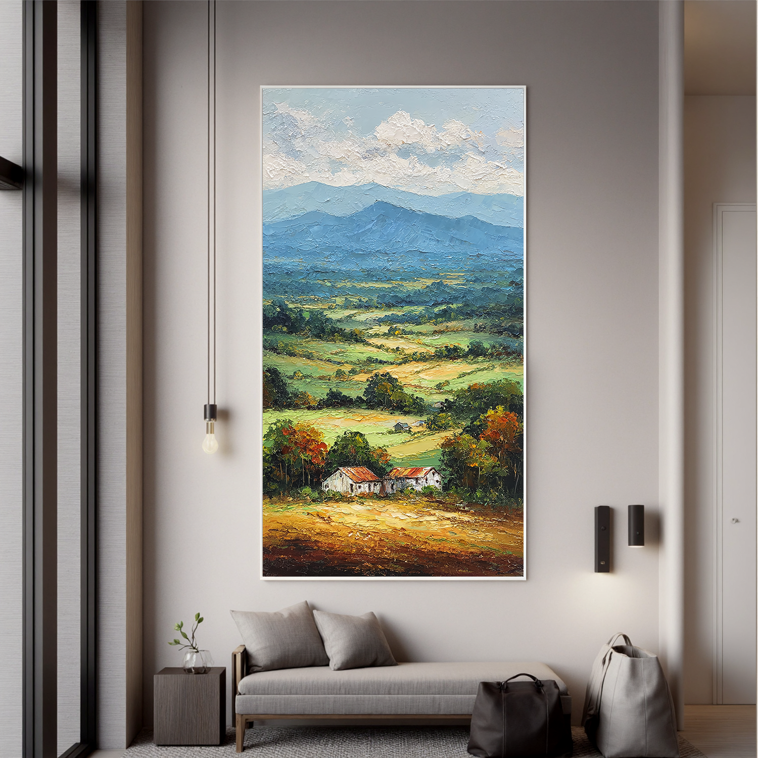 Vertical Countryside Landscape Oil Painting – Rustic Mountain Valley Canvas Wall Art#OA 0891