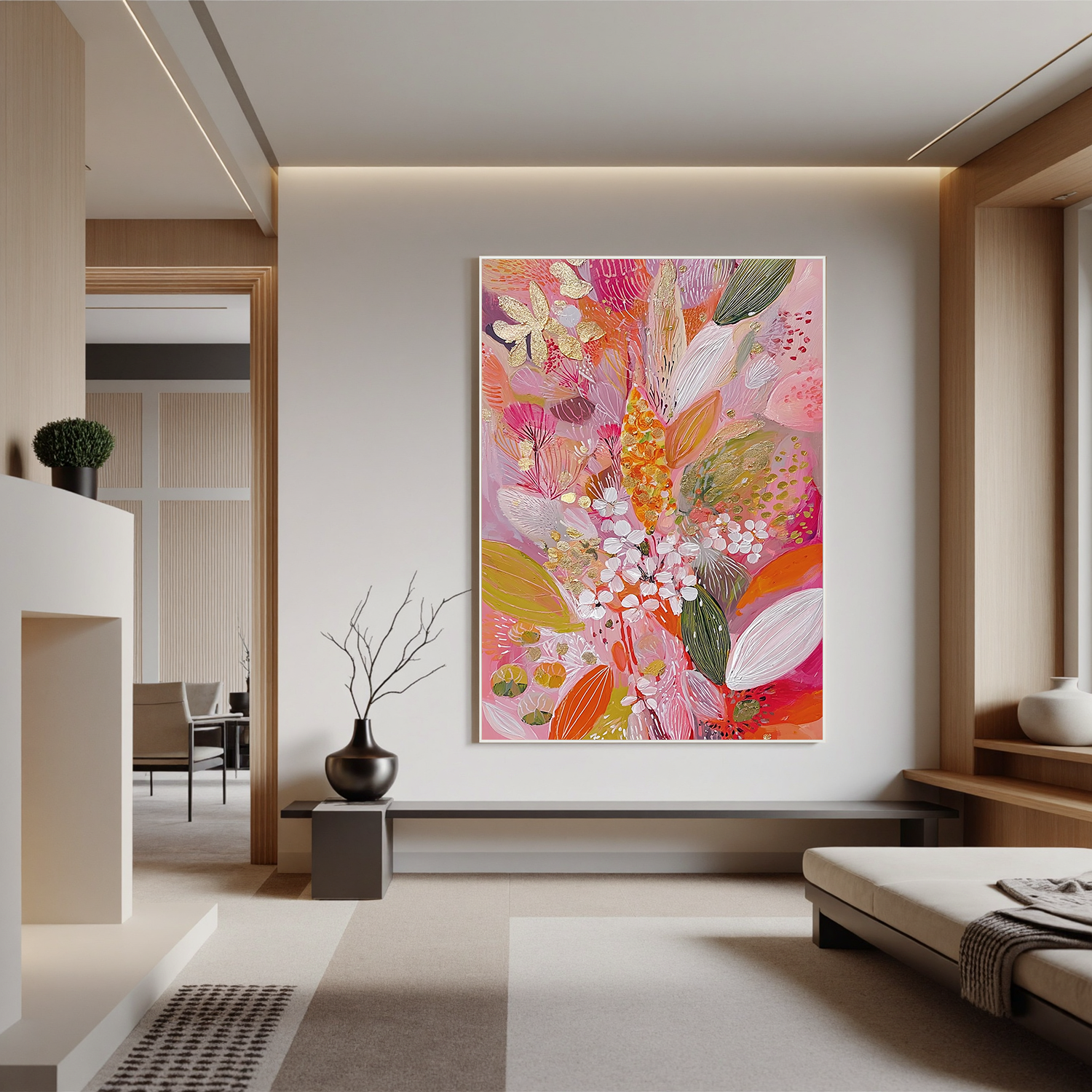 Pink Orange Floral Oil Painting, Colorful Botanical Wall Art for Living Room Decor #OA 0576