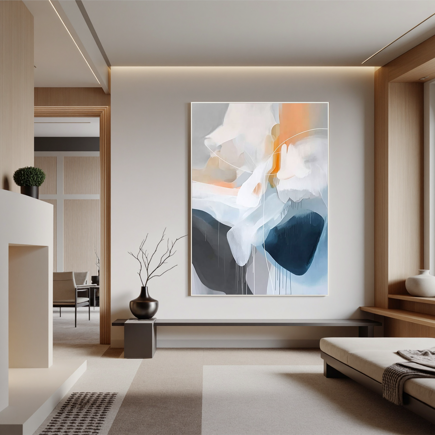 Soft Abstract Oil Painting, Blue Gray and Orange Modern Wall Art for Living Room Decor #OA 0552