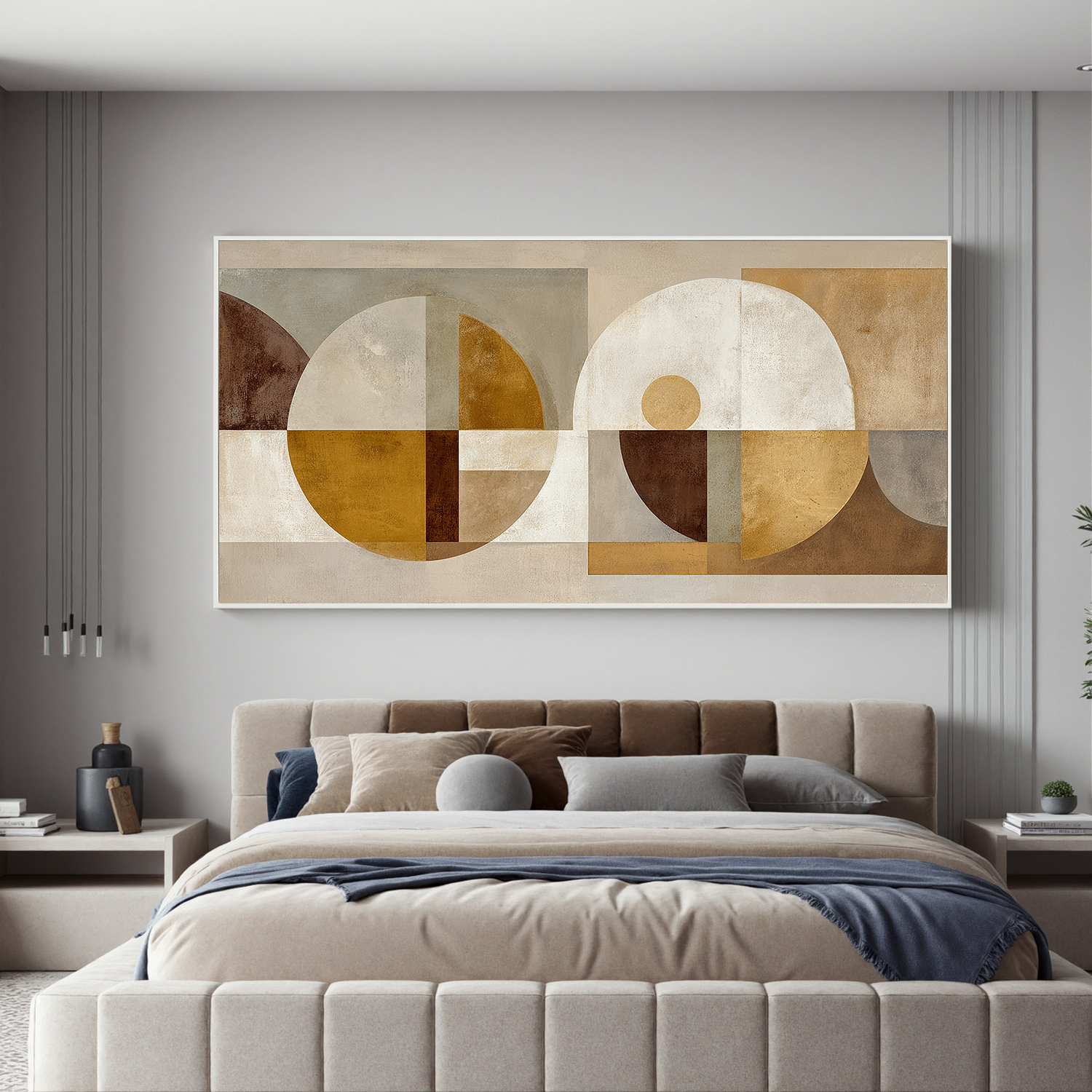 Modern Geometric Abstract Canvas Wall Art – Neutral Beige and Gold Mid Century Large Horizontal Painting for Living Room Decor#OA 0861