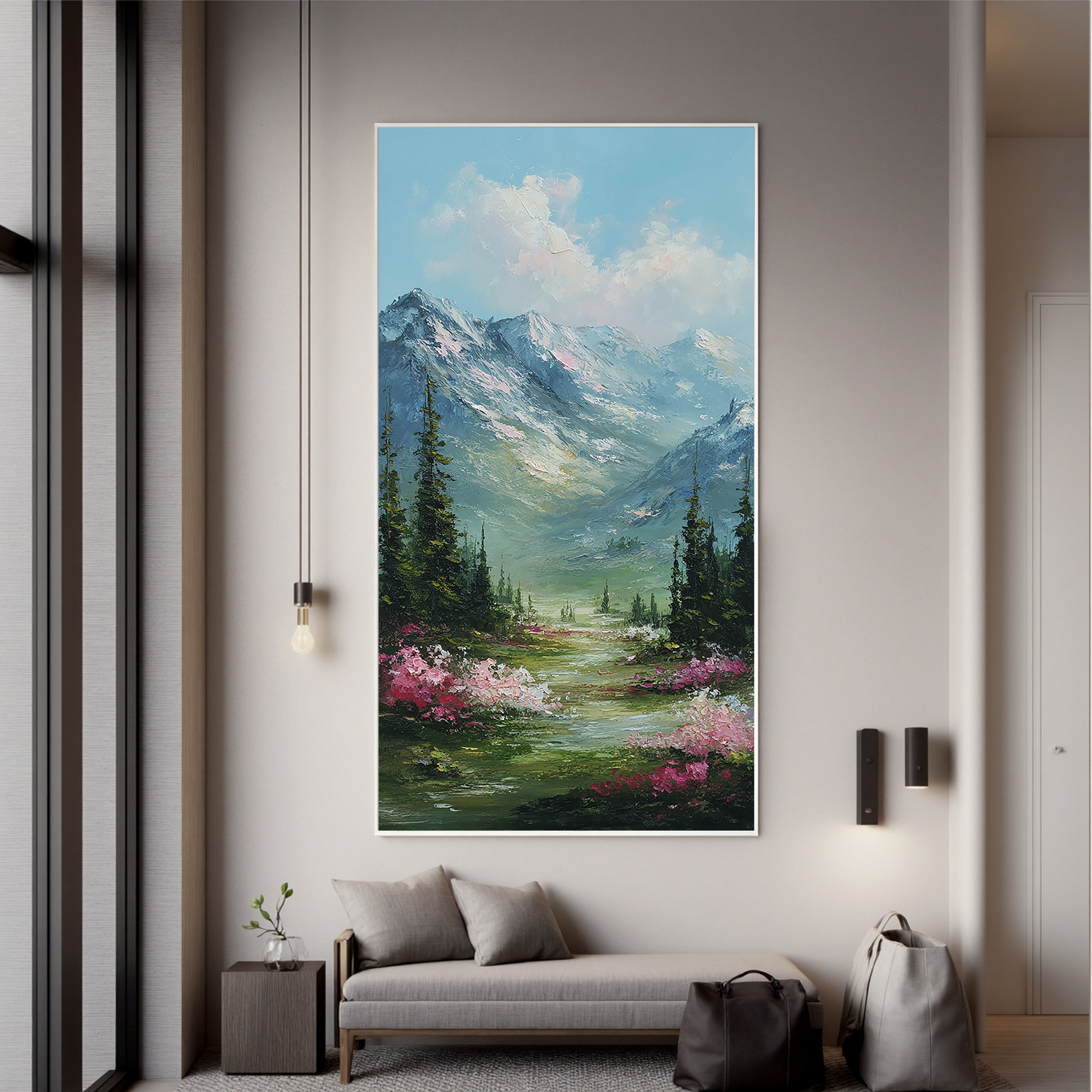Vertical Mountain Landscape Oil Painting – Scenic Forest Valley Canvas Wall Art#OA 0890